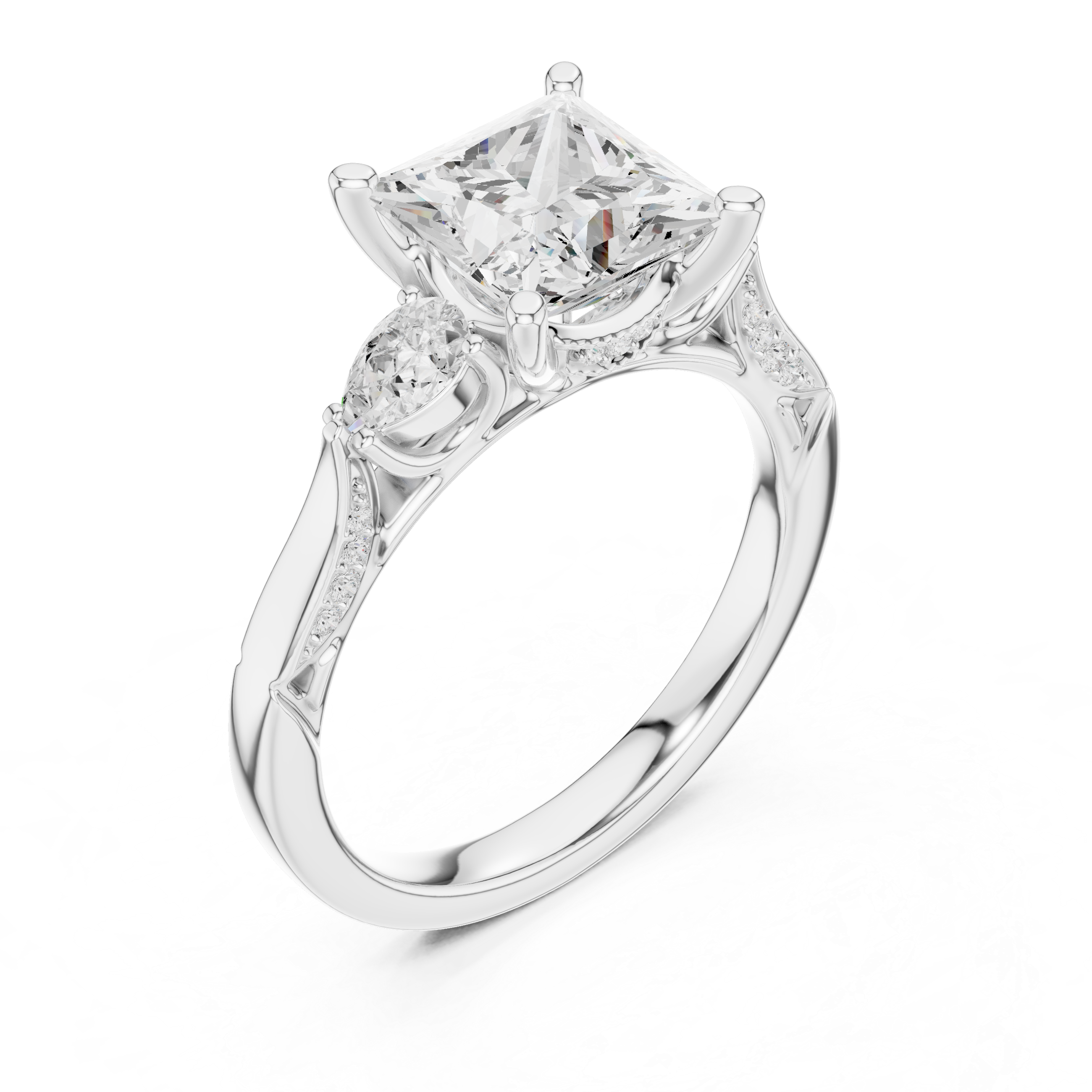 Princess Cut Three Stone Engagement Ring with Pear Side Diamonds and Vintage Milgrain Detail