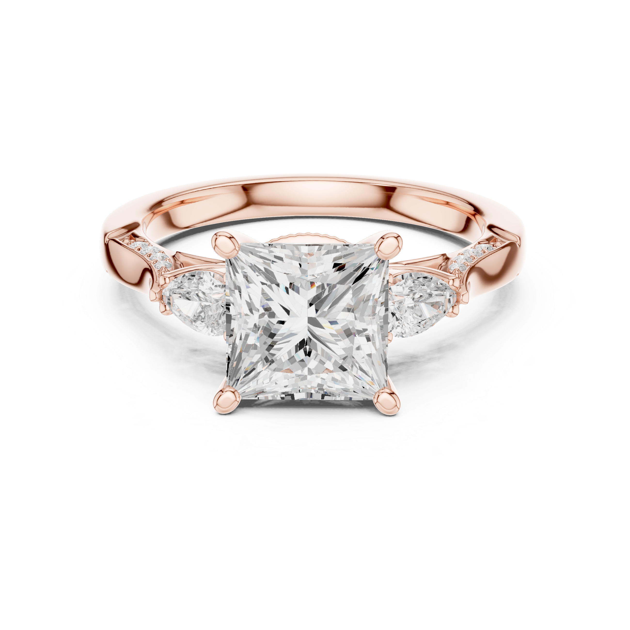 Princess Cut Three Stone Engagement Ring with Pear Side Diamonds and Vintage Milgrain Detail