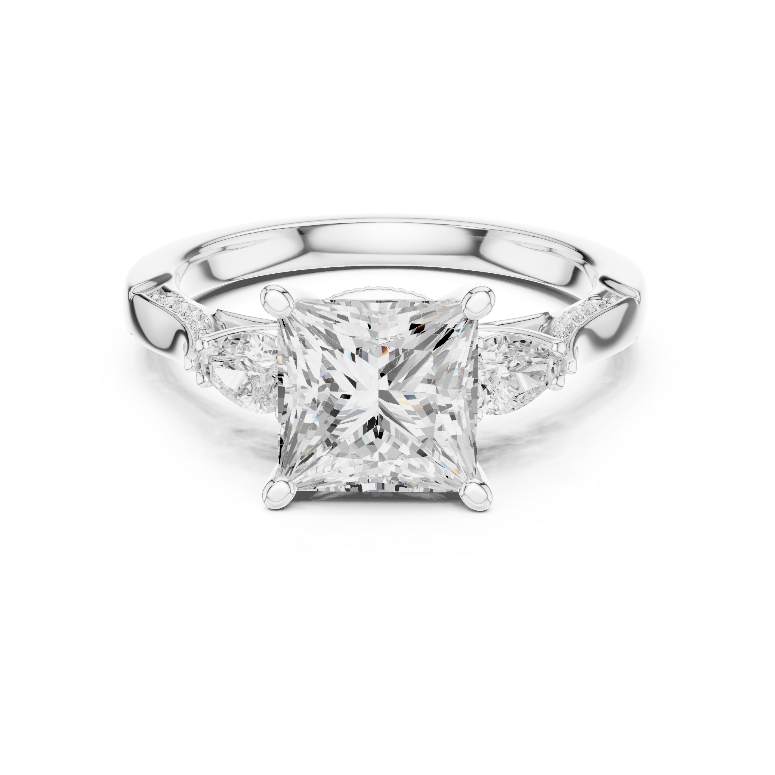 Princess Cut Three Stone Engagement Ring with Pear Side Diamonds and Vintage Milgrain Detail
