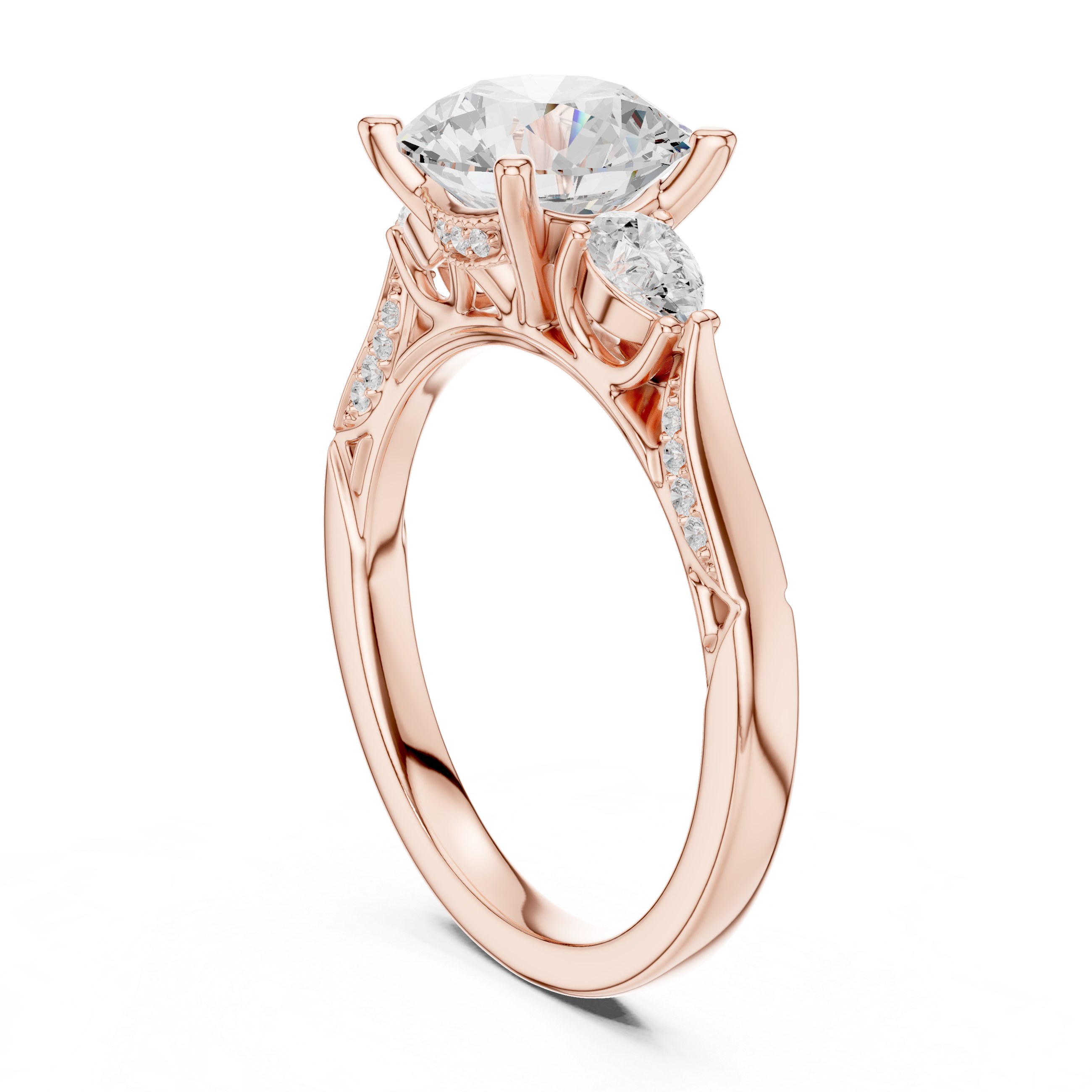 Round Cut Three Stone Engagement Ring with Pear Side Diamonds and Vintage Milgrain Accents