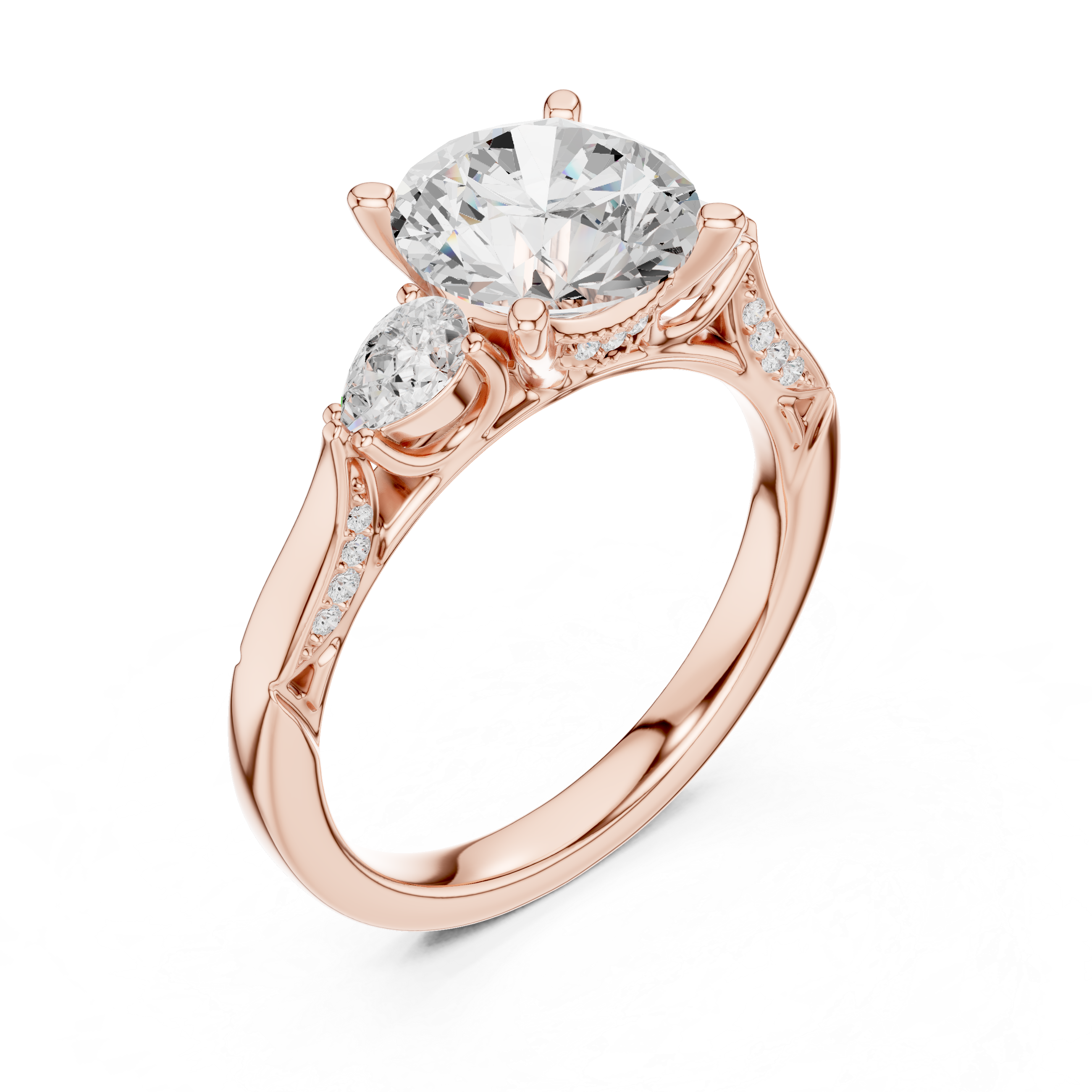 Round Cut Three Stone Engagement Ring with Pear Side Diamonds and Vintage Milgrain Accents