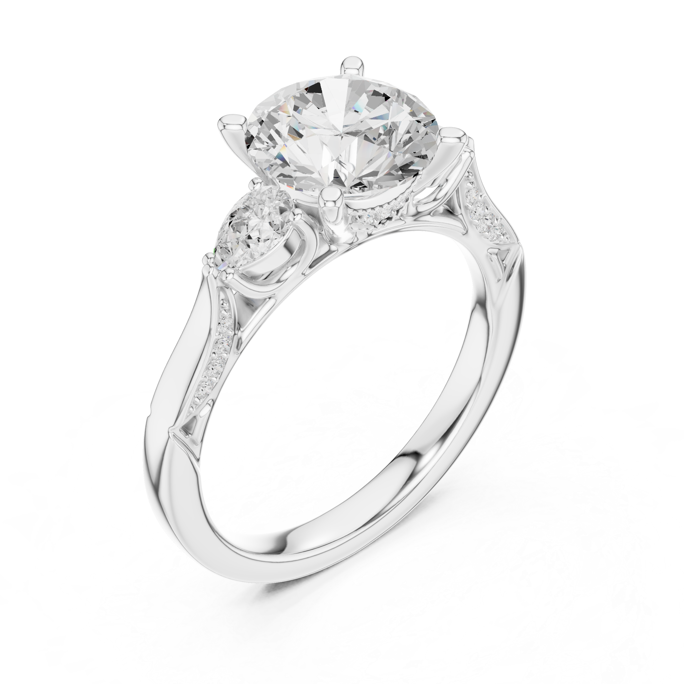 Round Cut Three Stone Engagement Ring with Pear Side Diamonds and Vintage Milgrain Accents