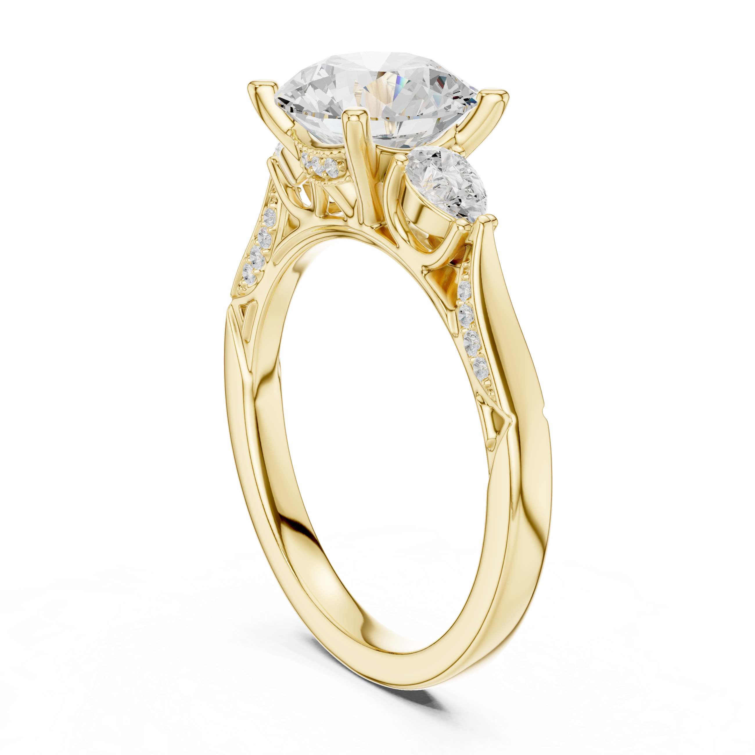 Round Cut Three Stone Engagement Ring with Pear Side Diamonds and Vintage Milgrain Accents