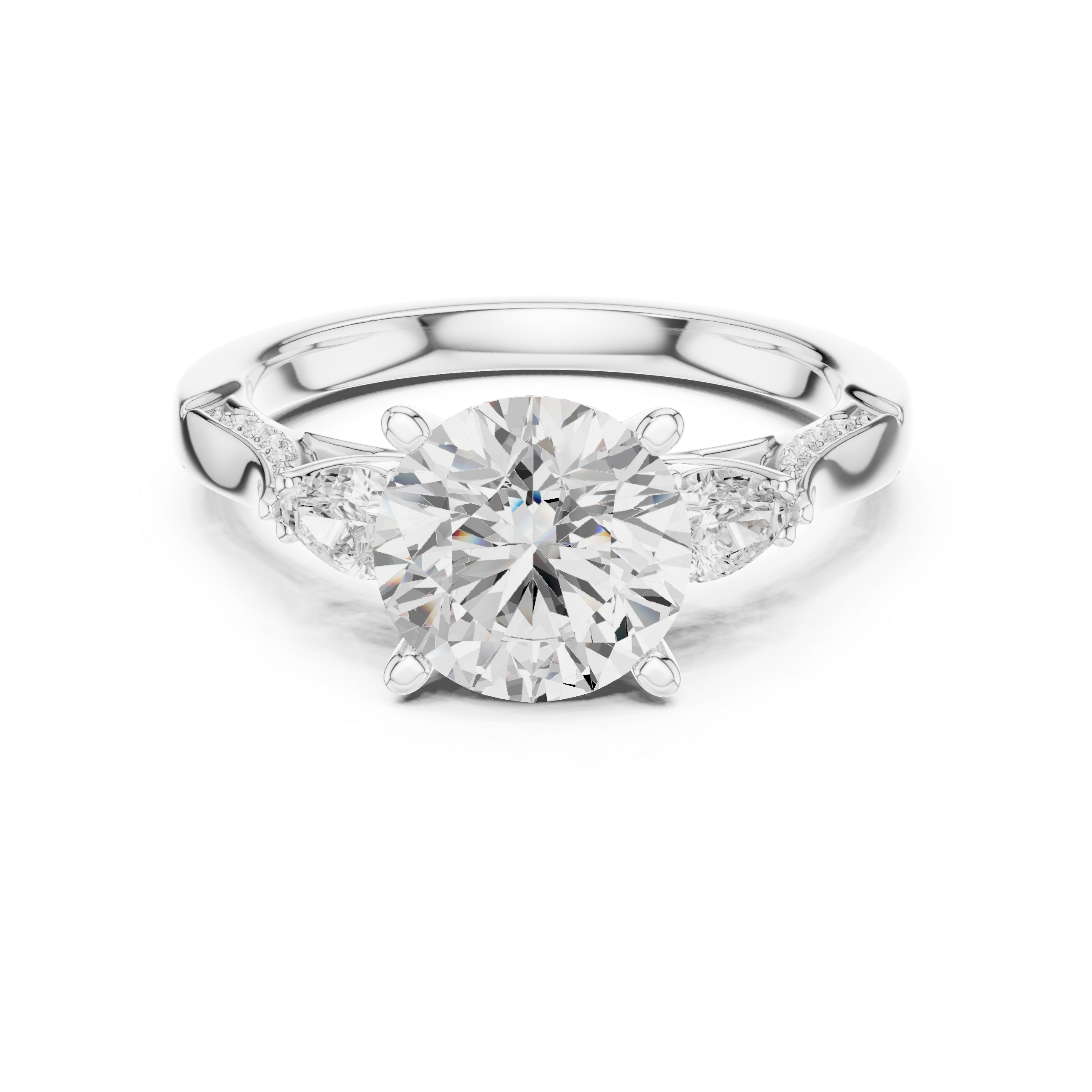 Round Cut Three Stone Engagement Ring with Pear Side Diamonds and Vintage Milgrain Accents