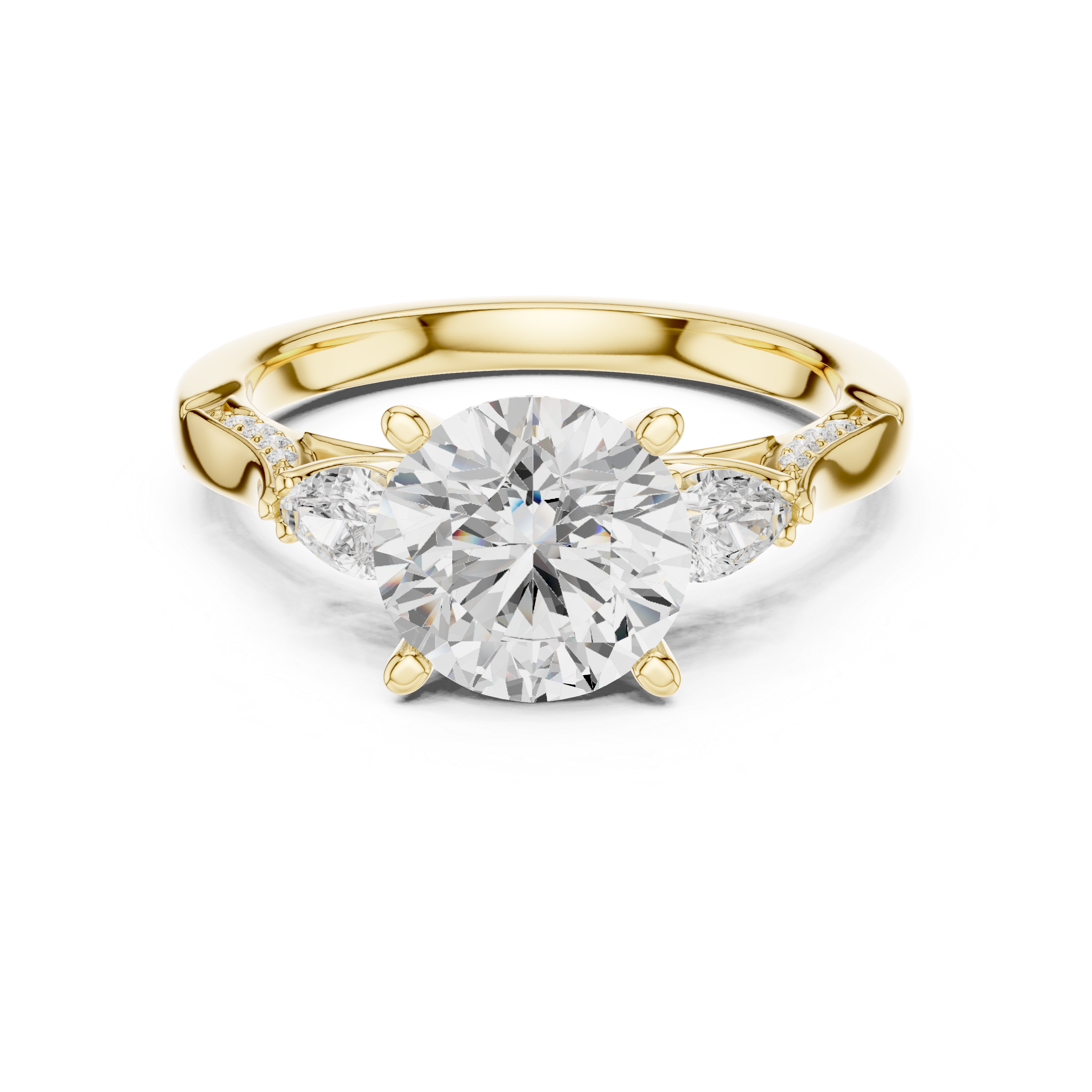 Round Cut Three Stone Engagement Ring with Pear Side Diamonds and Vintage Milgrain Accents