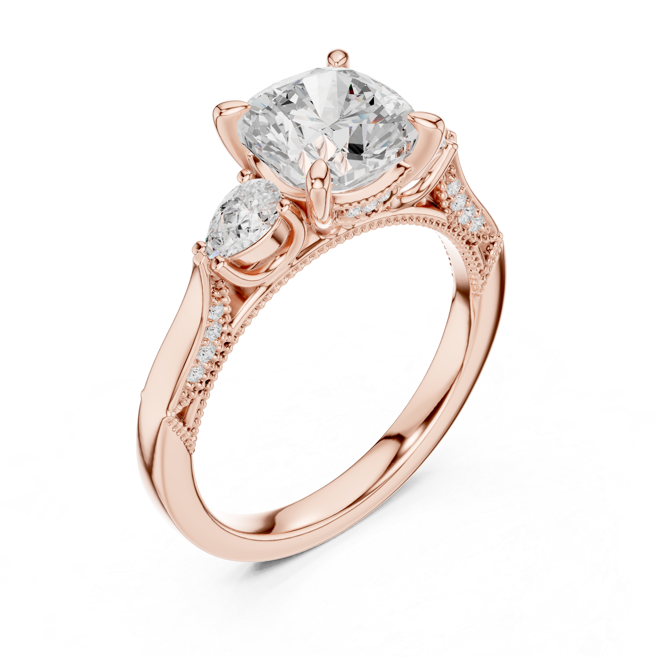 Cushion-Cut Three-Stone Engagement Ring with Pear Side Stones and Hidden Accent Details