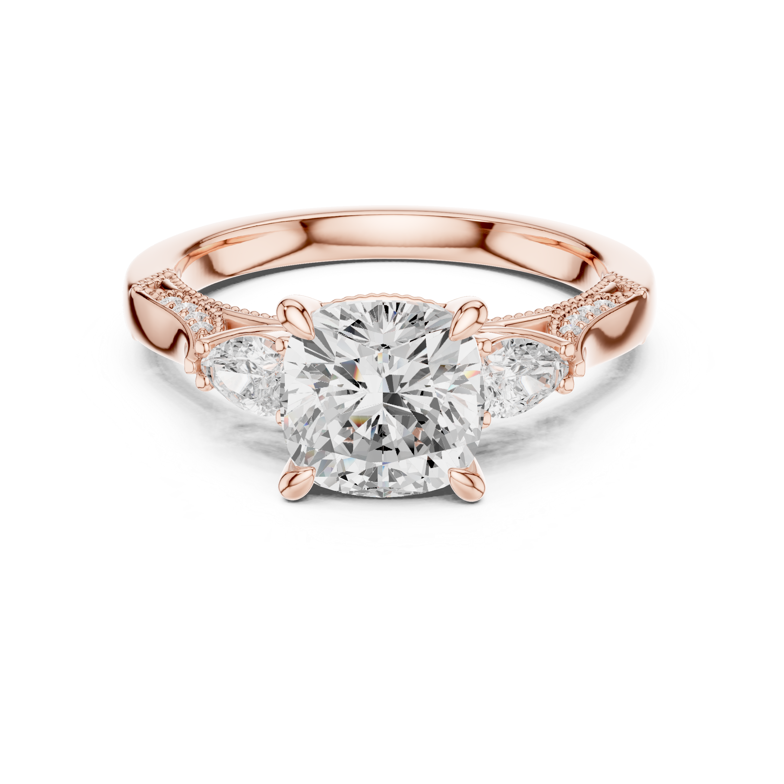 Cushion-Cut Three-Stone Engagement Ring with Pear Side Stones and Hidden Accent Details