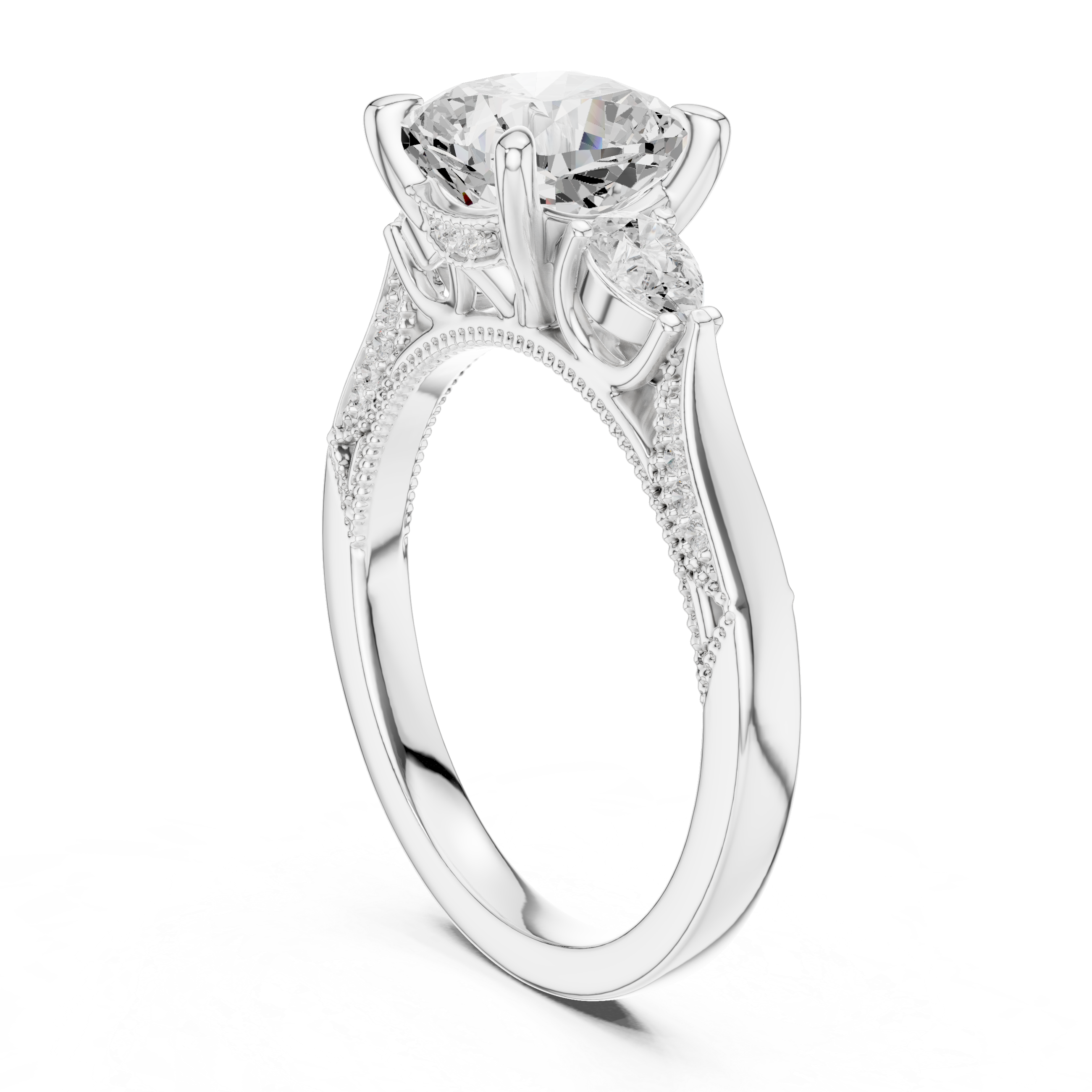 Cushion-Cut Three-Stone Engagement Ring with Pear Side Stones and Hidden Accent Details
