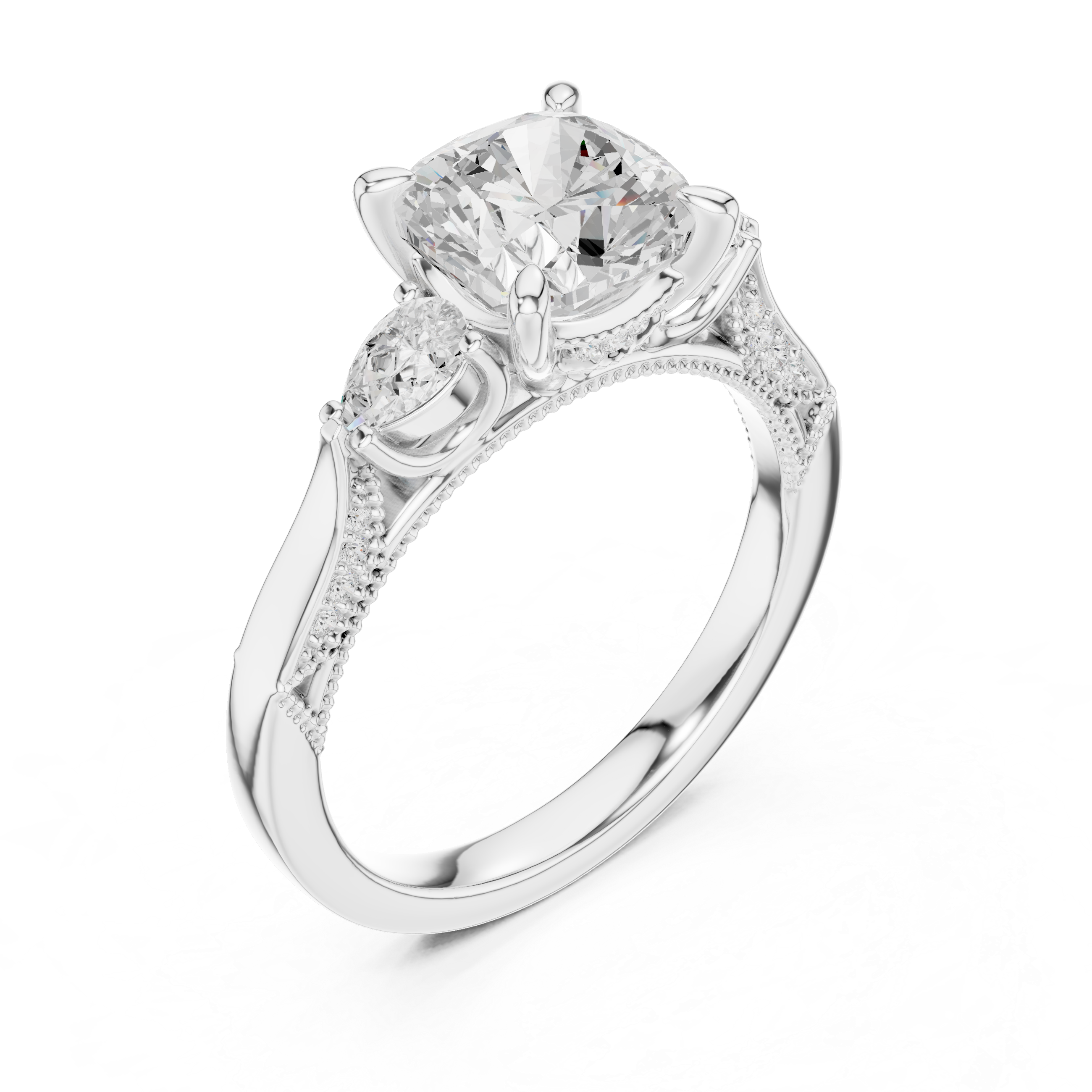 Cushion-Cut Three-Stone Engagement Ring with Pear Side Stones and Hidden Accent Details