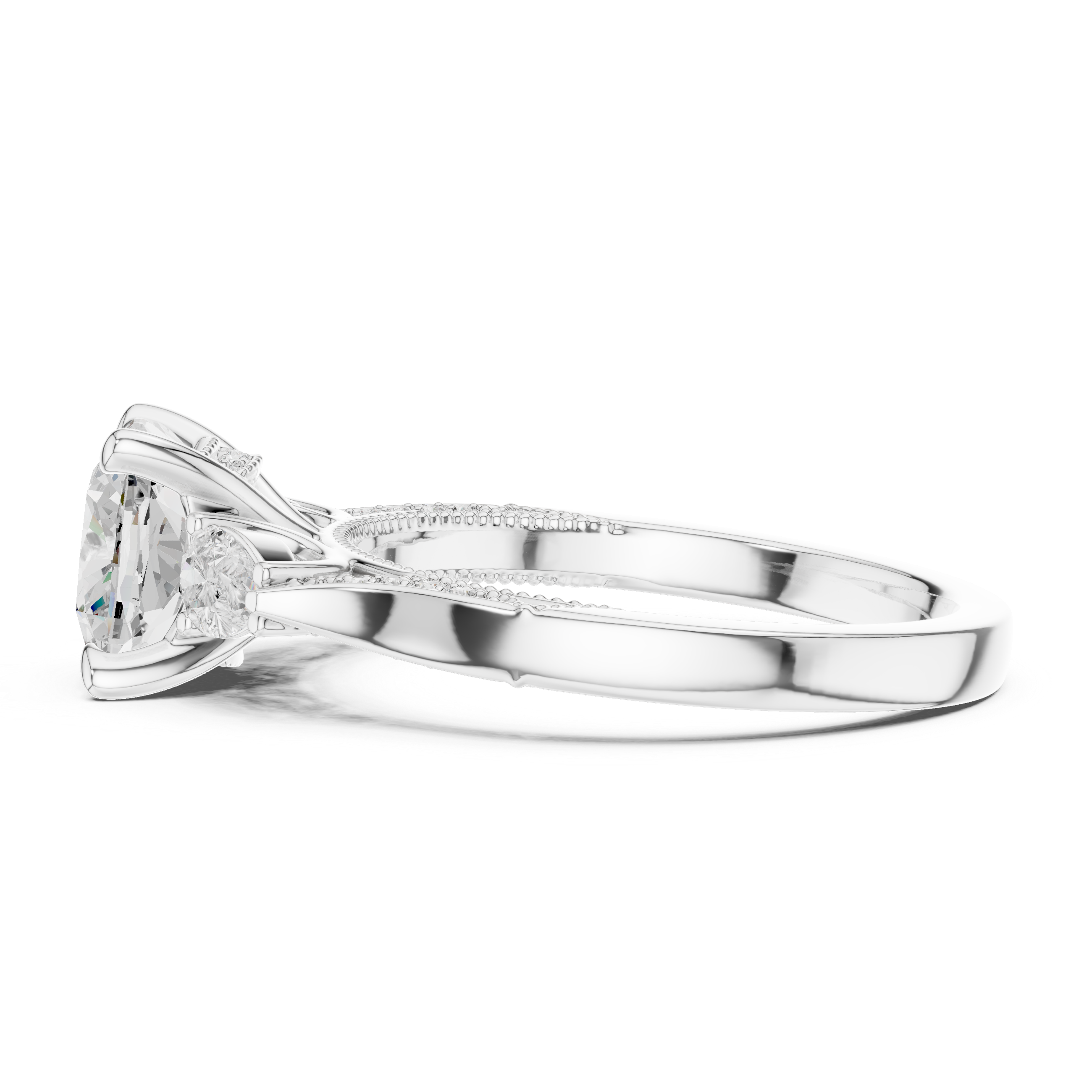 Cushion-Cut Three-Stone Engagement Ring with Pear Side Stones and Hidden Accent Details