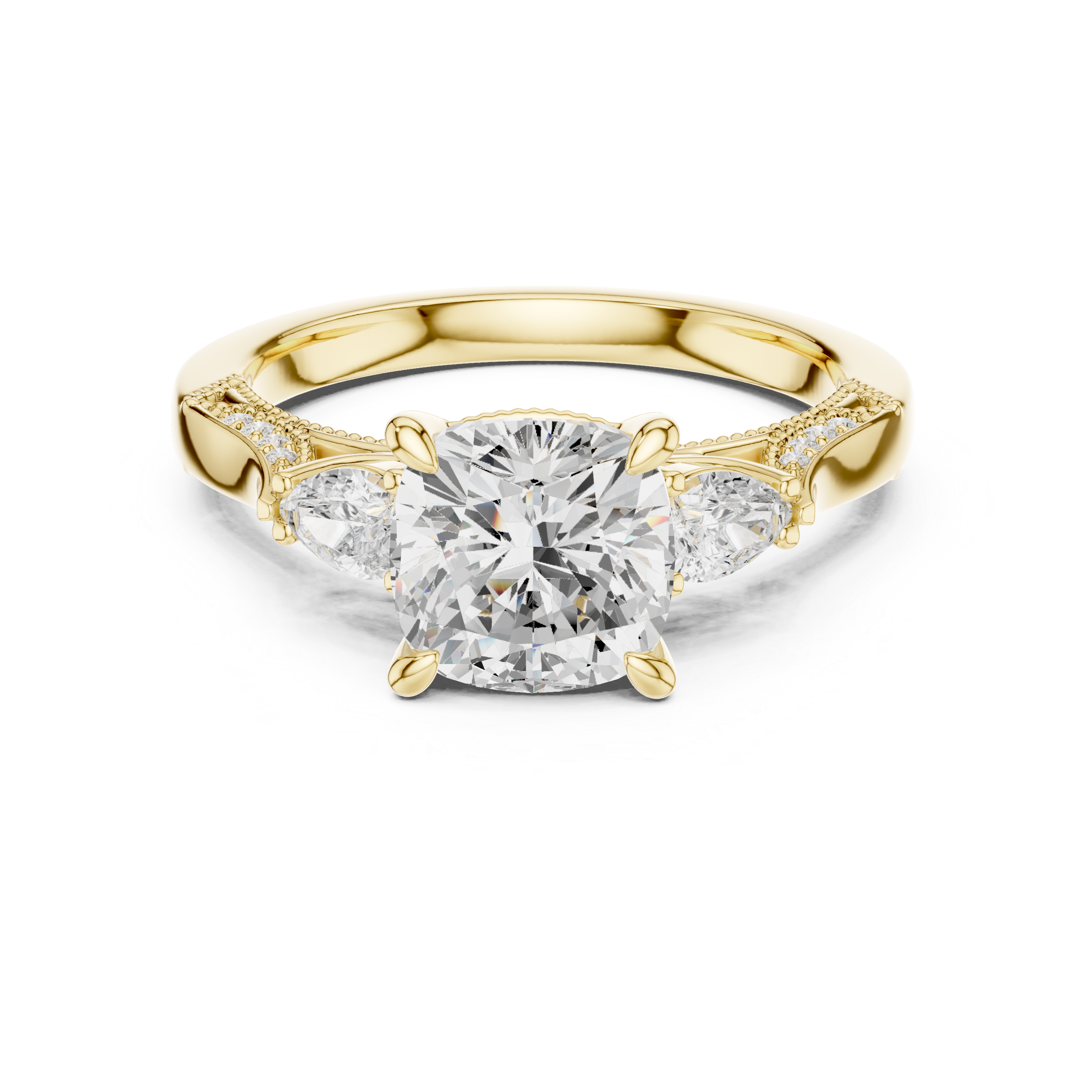Cushion-Cut Three-Stone Engagement Ring with Pear Side Stones and Hidden Accent Details
