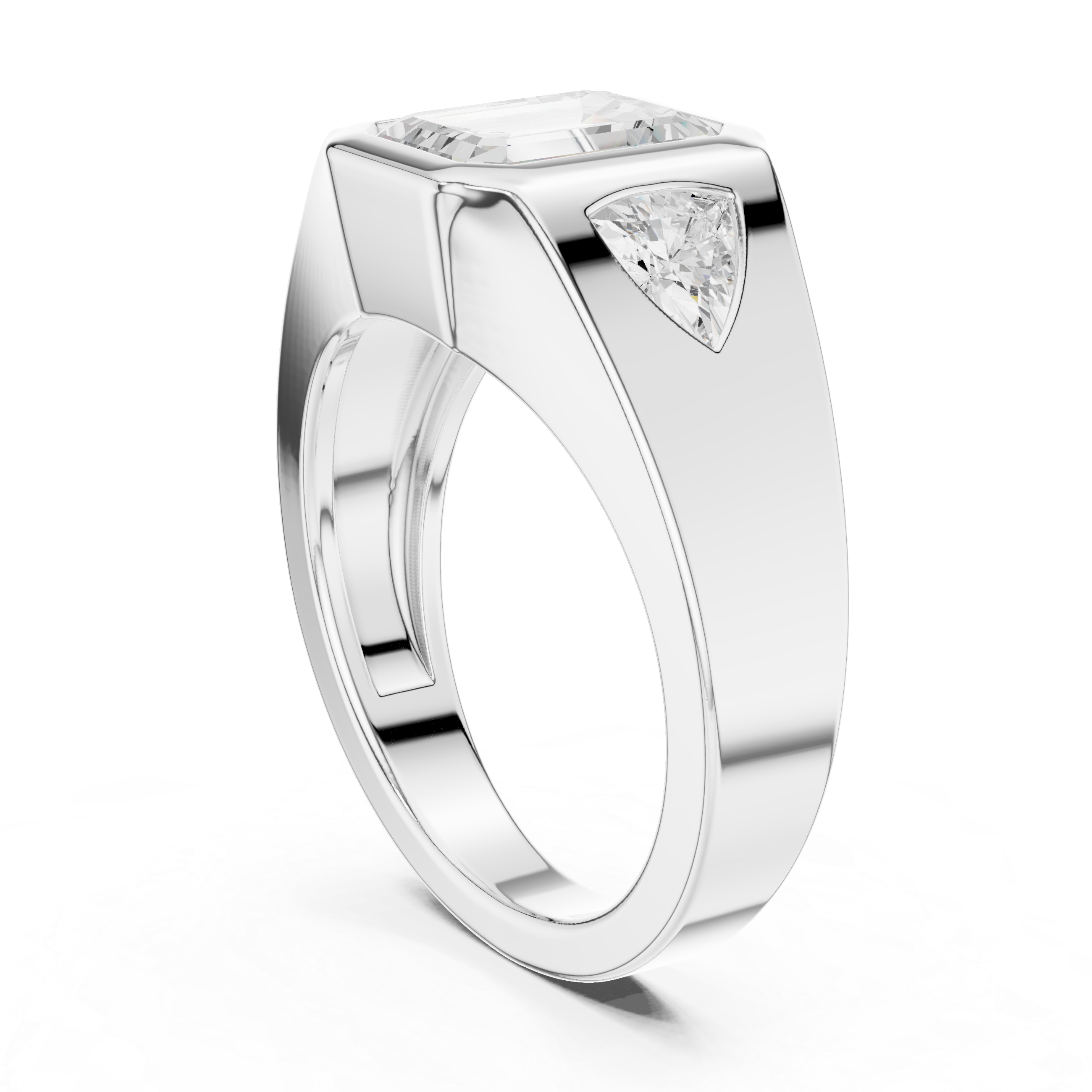 Emerald-Cut Three-Stone Signet Ring with Trillion Side Stones