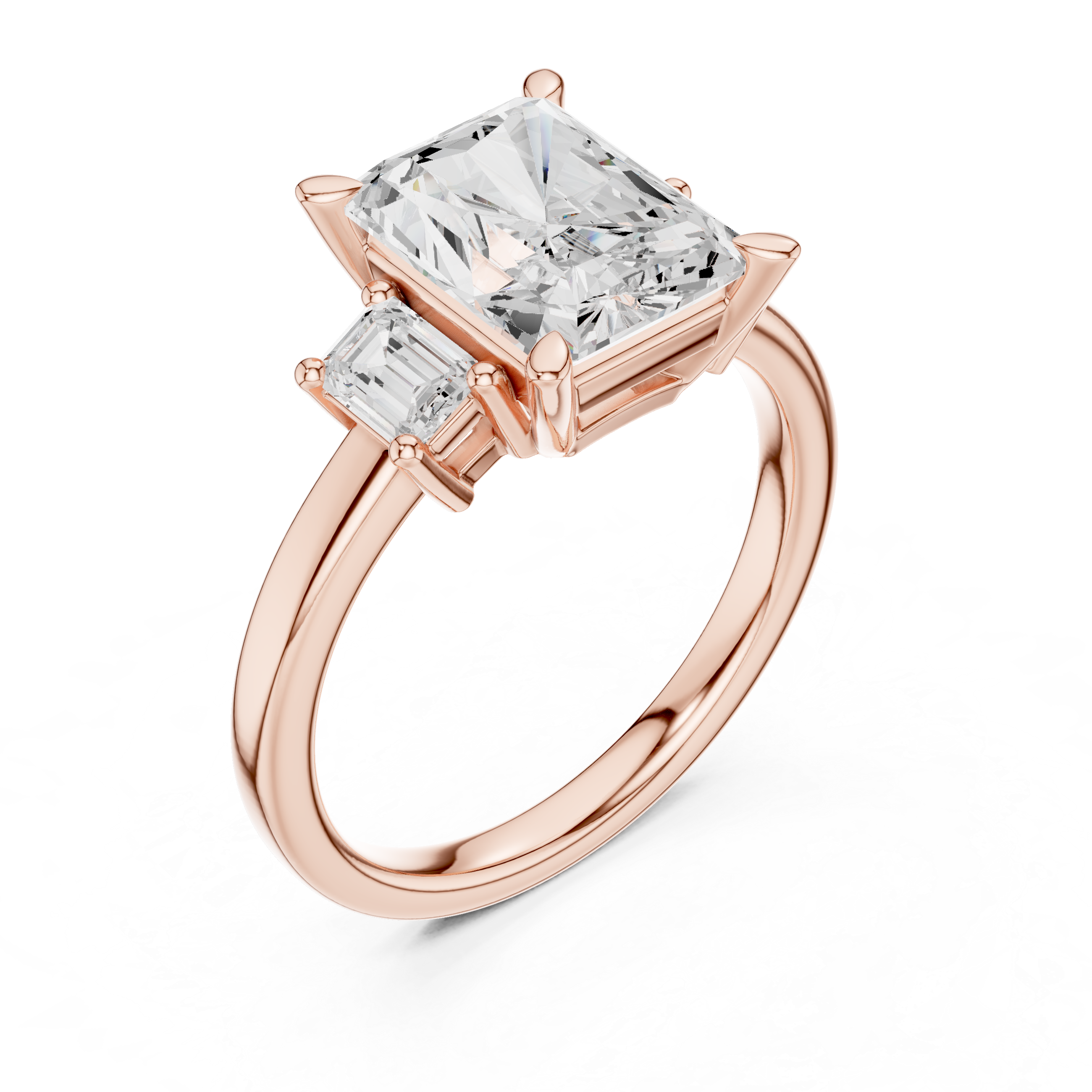 Radiant-Cut Three-Stone Ring with Emerald-Cut Side Stones