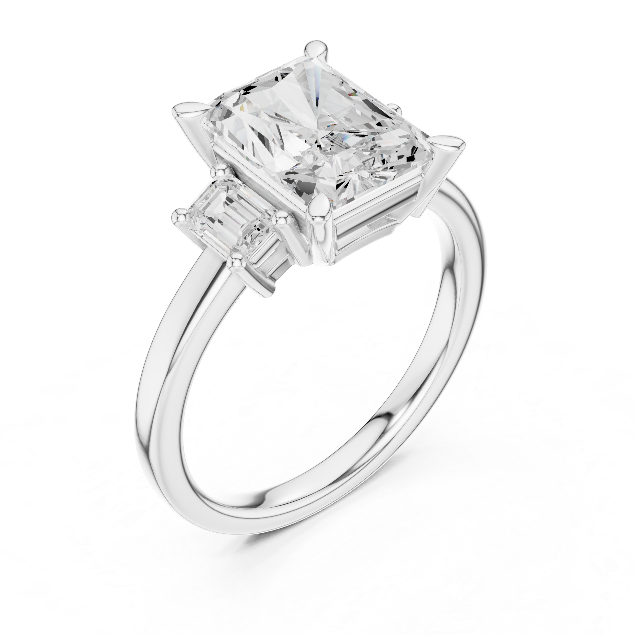 Radiant-Cut Three-Stone Ring with Emerald-Cut Side Stones