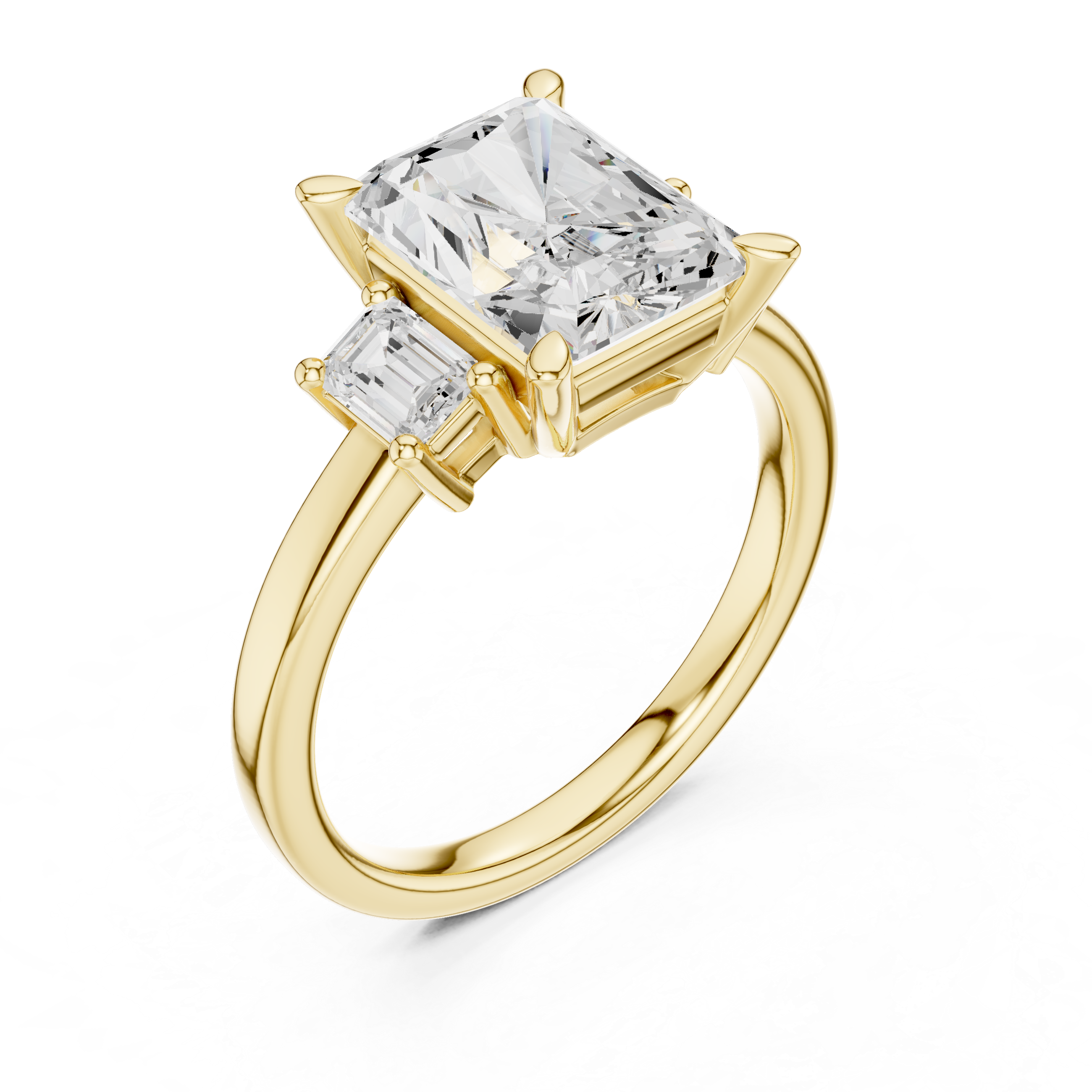 Radiant-Cut Three-Stone Ring with Emerald-Cut Side Stones