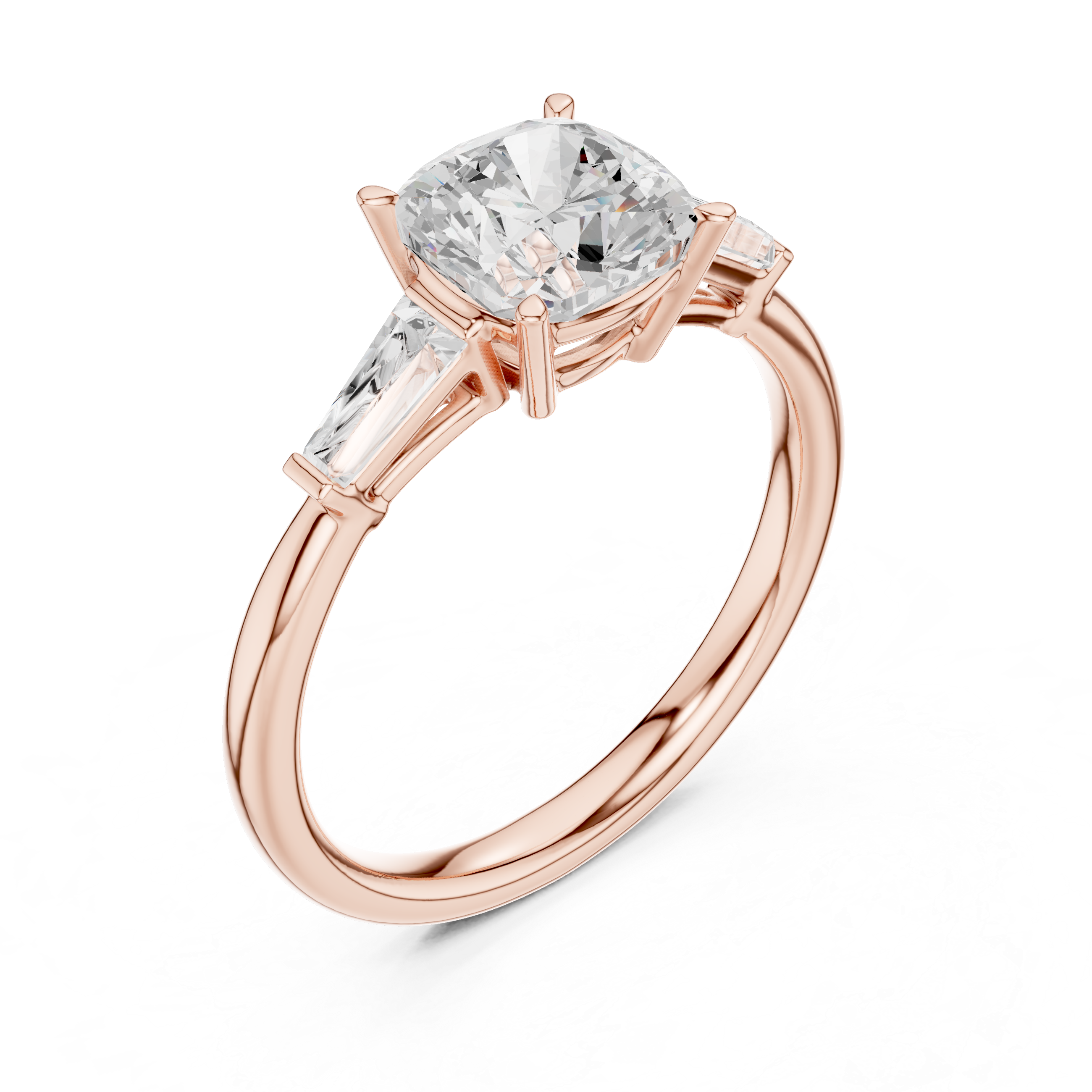 Cushion Cut Three Stone Engagement Ring with Tapered Baguette Side Diamonds