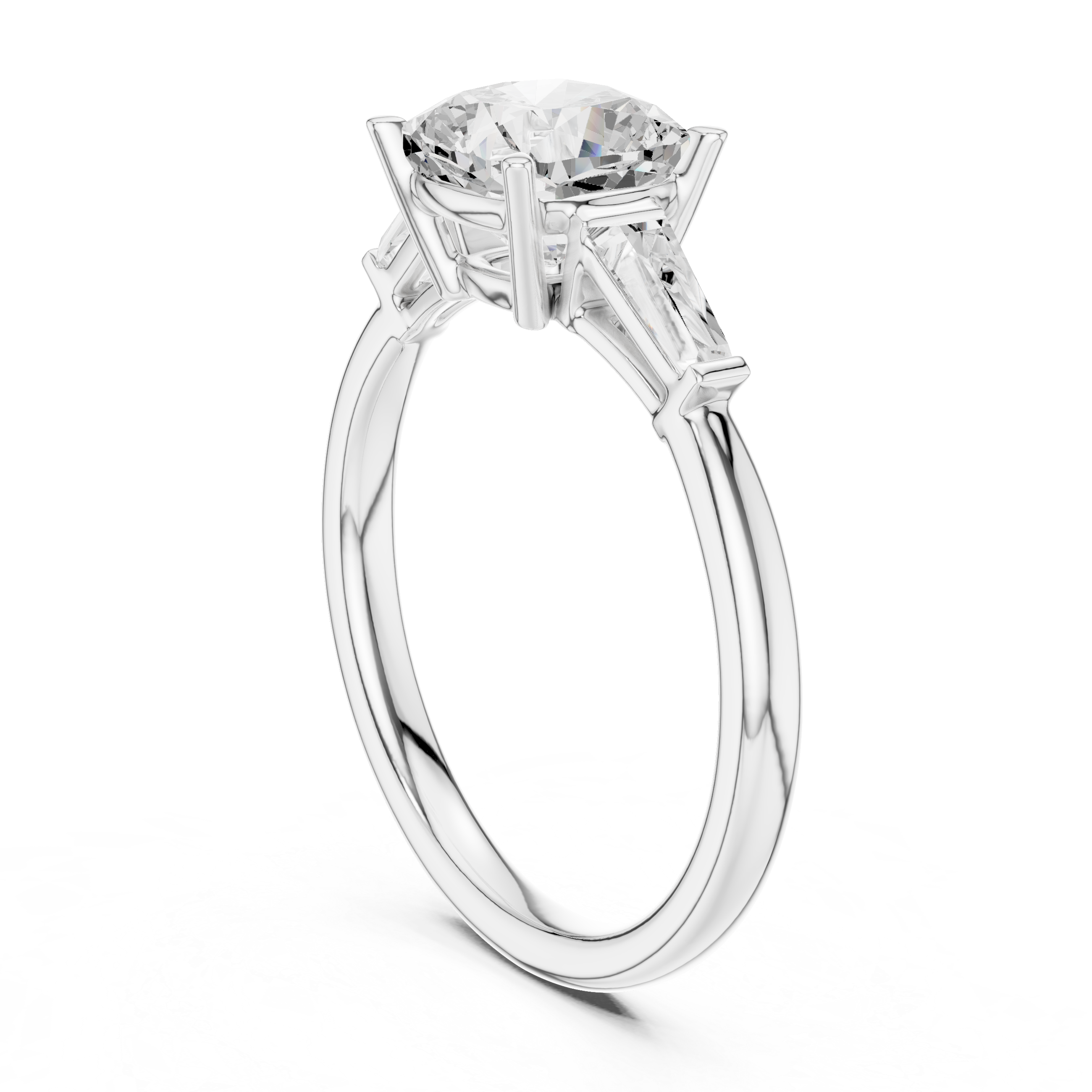 Cushion Cut Three Stone Engagement Ring with Tapered Baguette Side Diamonds