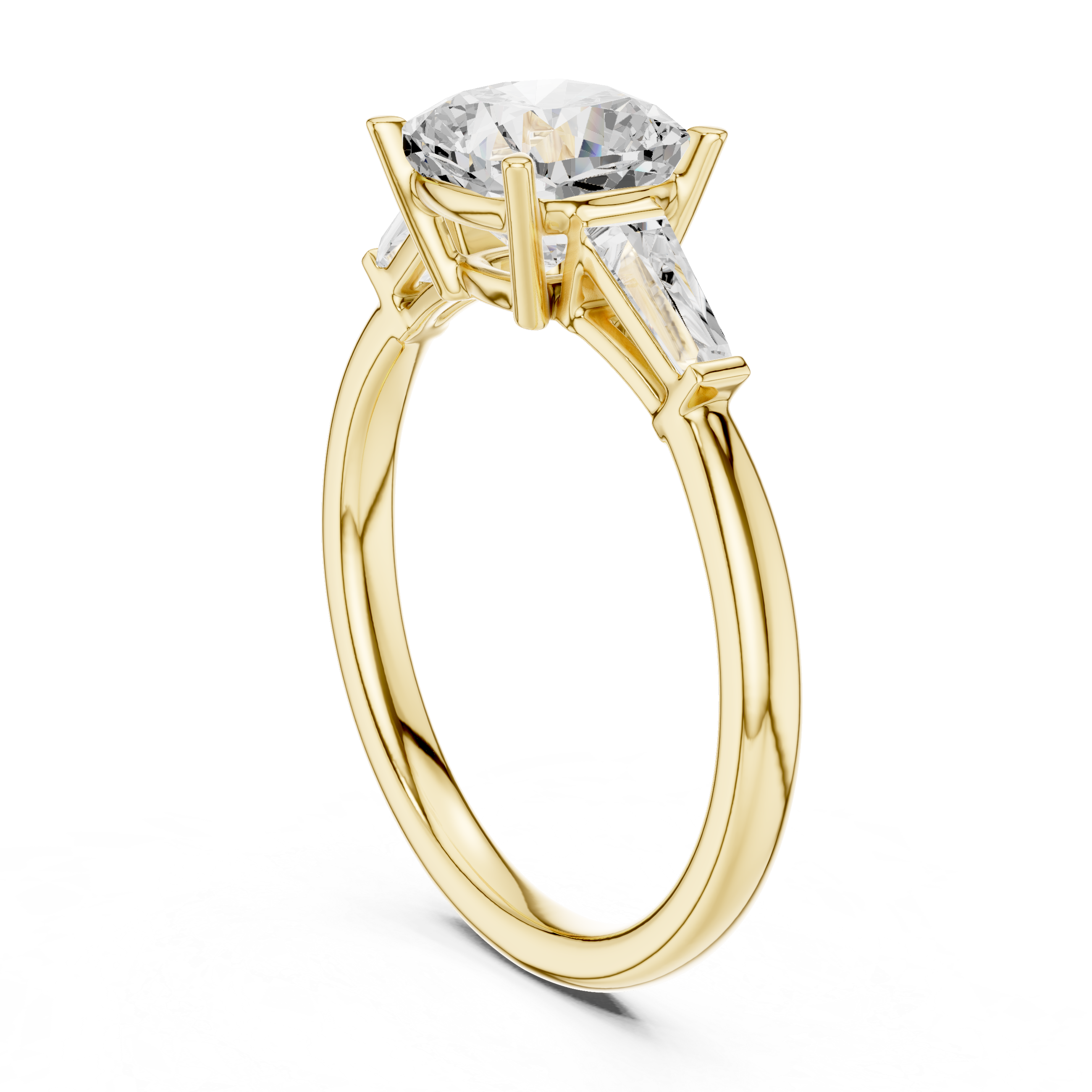 Cushion Cut Three Stone Engagement Ring with Tapered Baguette Side Diamonds