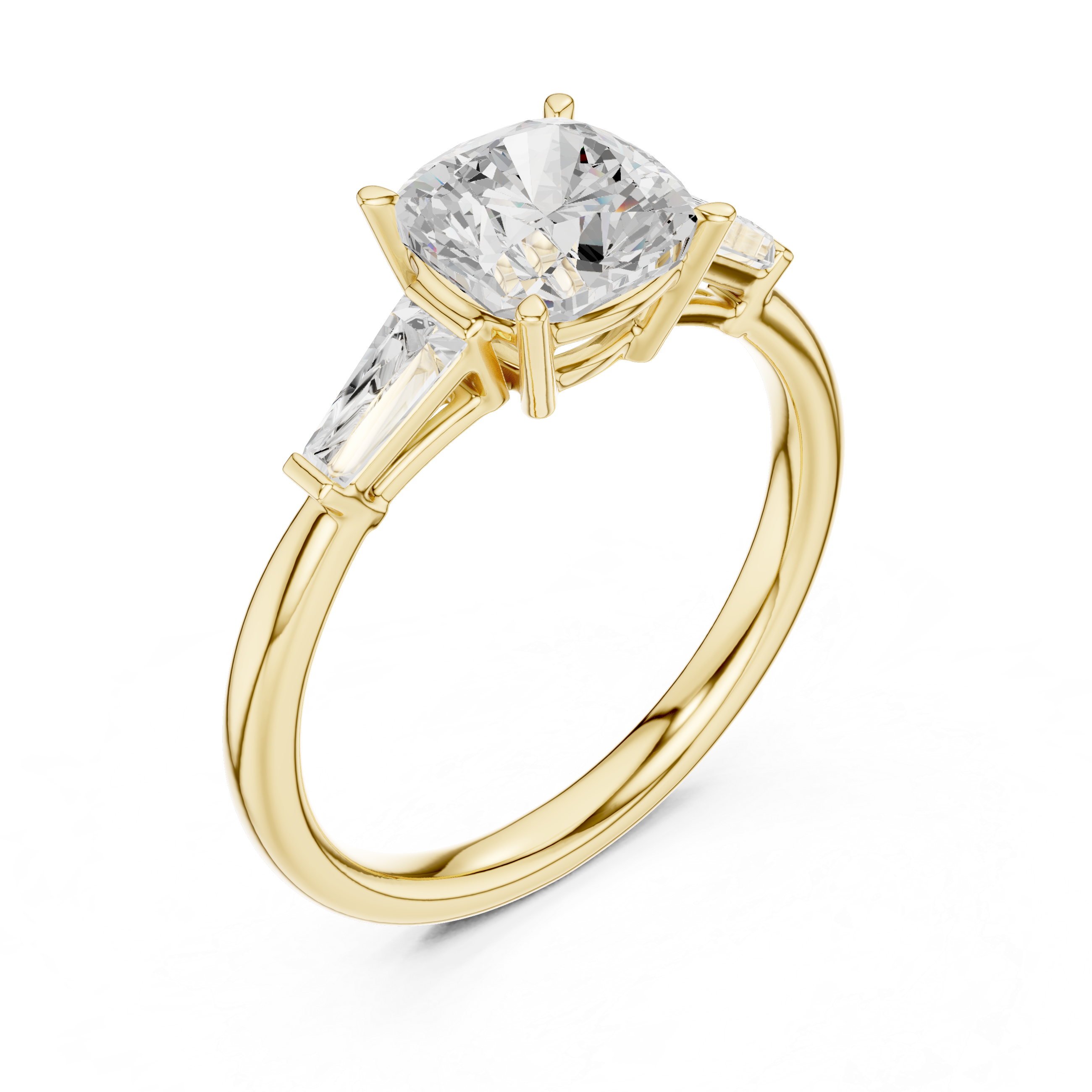Cushion Cut Three Stone Engagement Ring with Tapered Baguette Side Diamonds