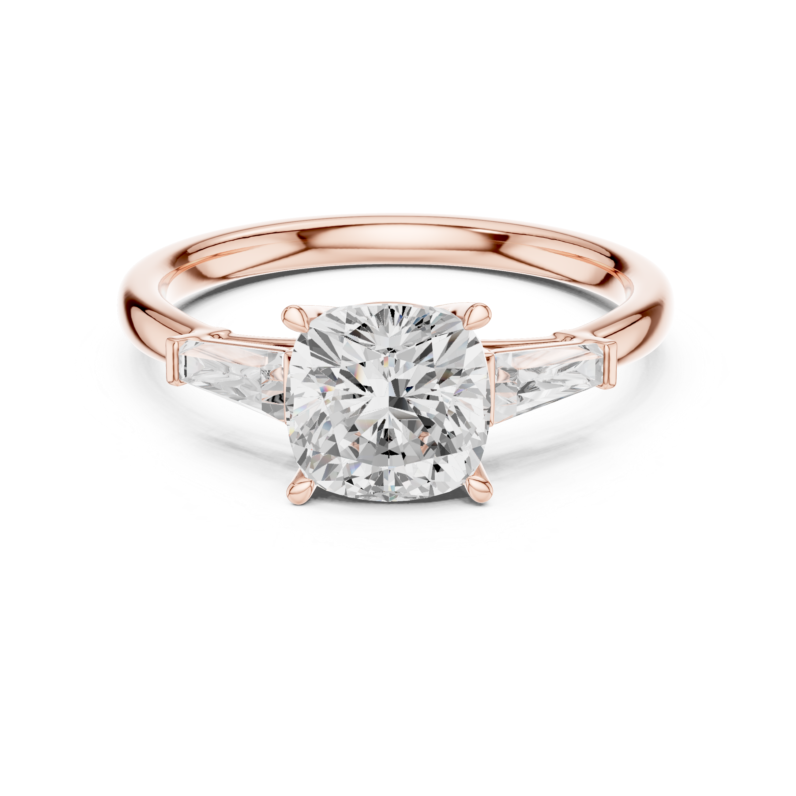 Cushion Cut Three Stone Engagement Ring with Tapered Baguette Side Diamonds