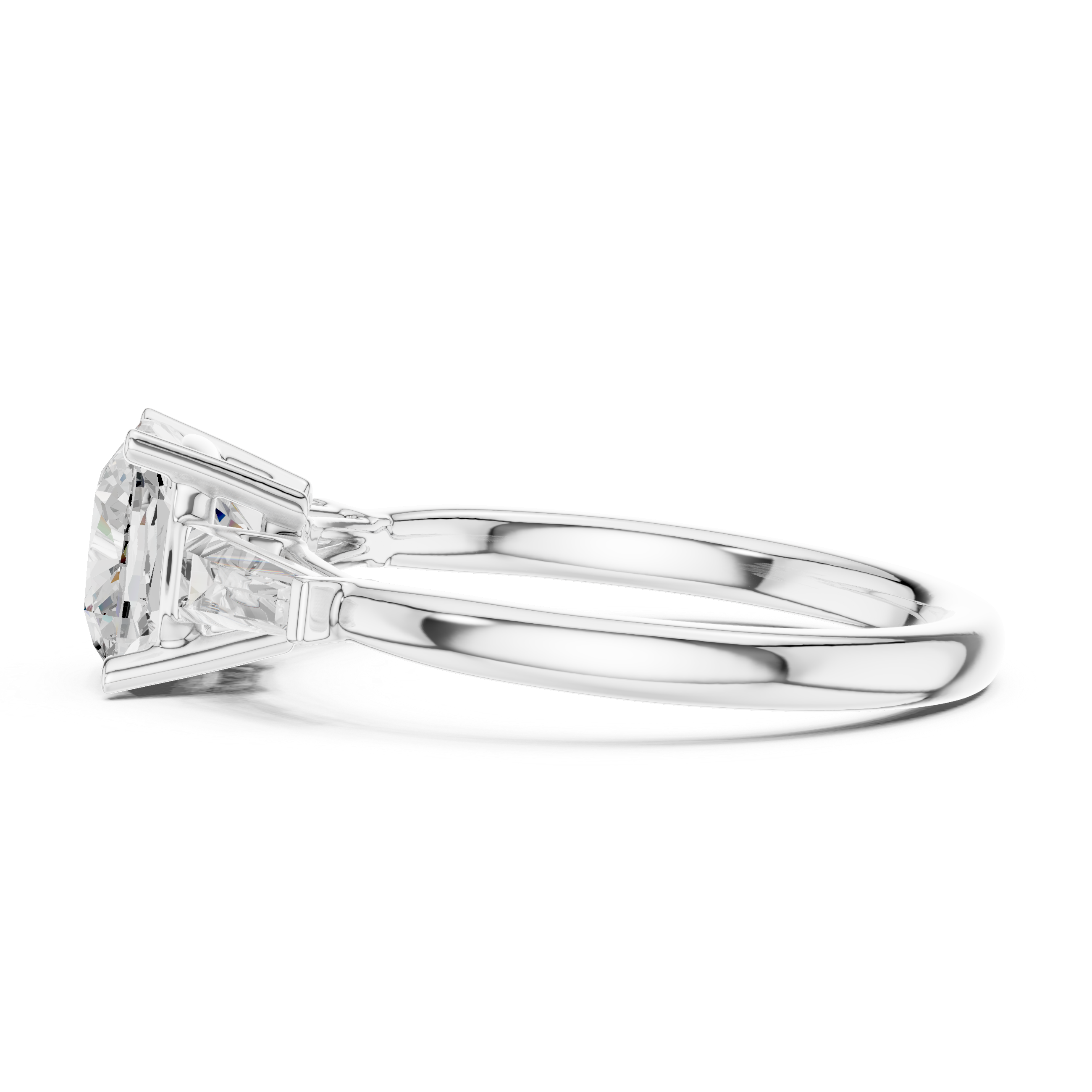 Cushion Cut Three Stone Engagement Ring with Tapered Baguette Side Diamonds