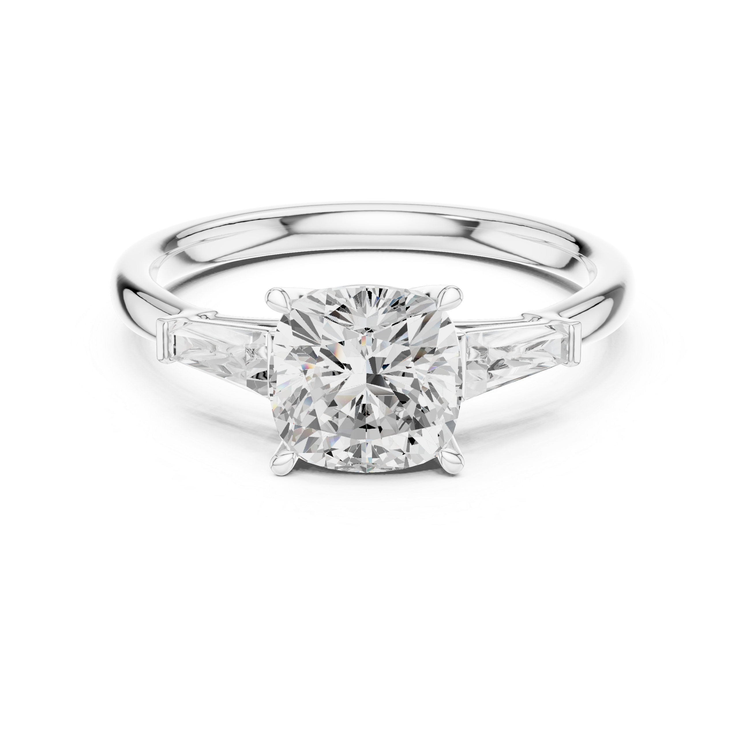 Cushion Cut Three Stone Engagement Ring with Tapered Baguette Side Diamonds