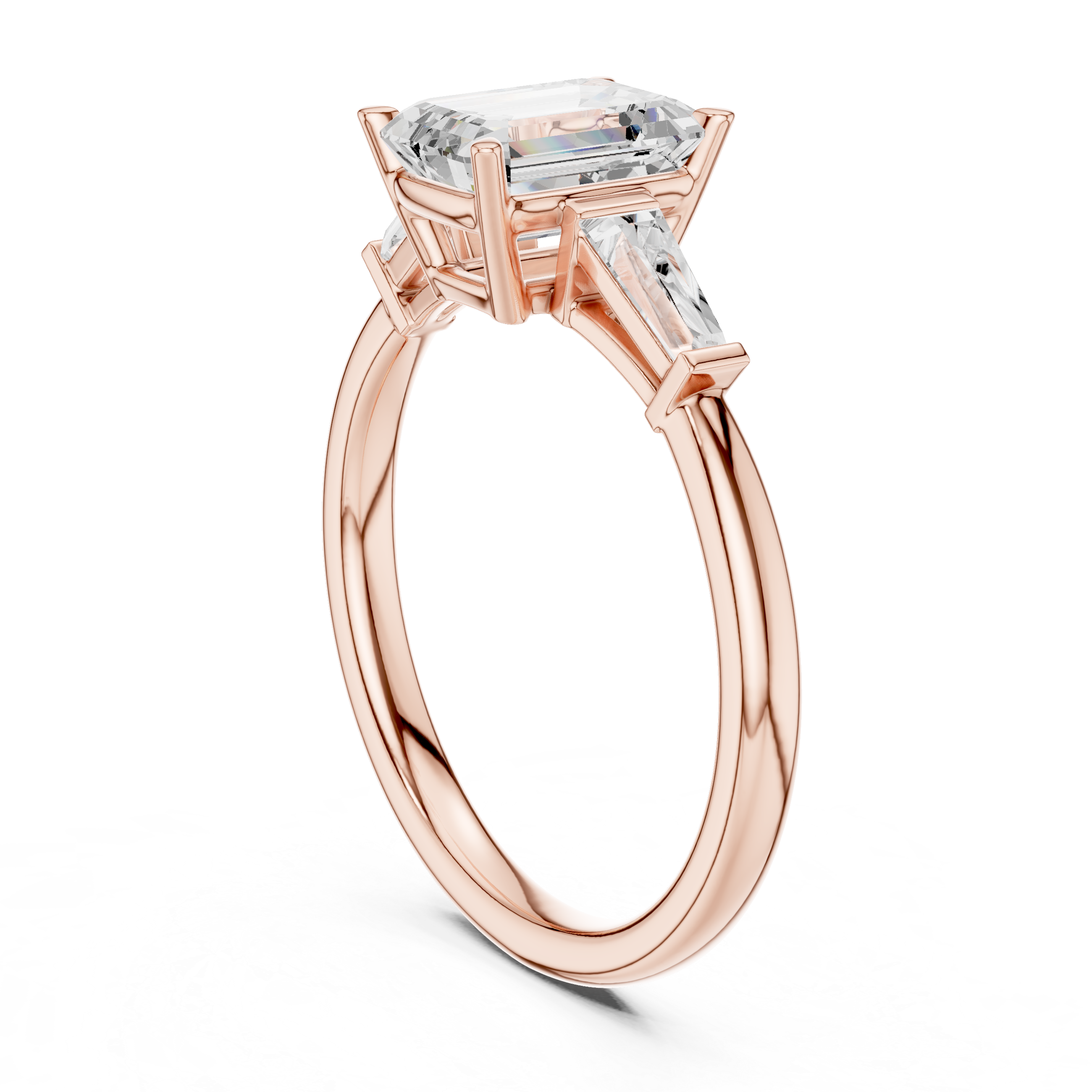 Emerald Cut Three Stone Engagement Ring with Tapered Baguette Side Diamonds