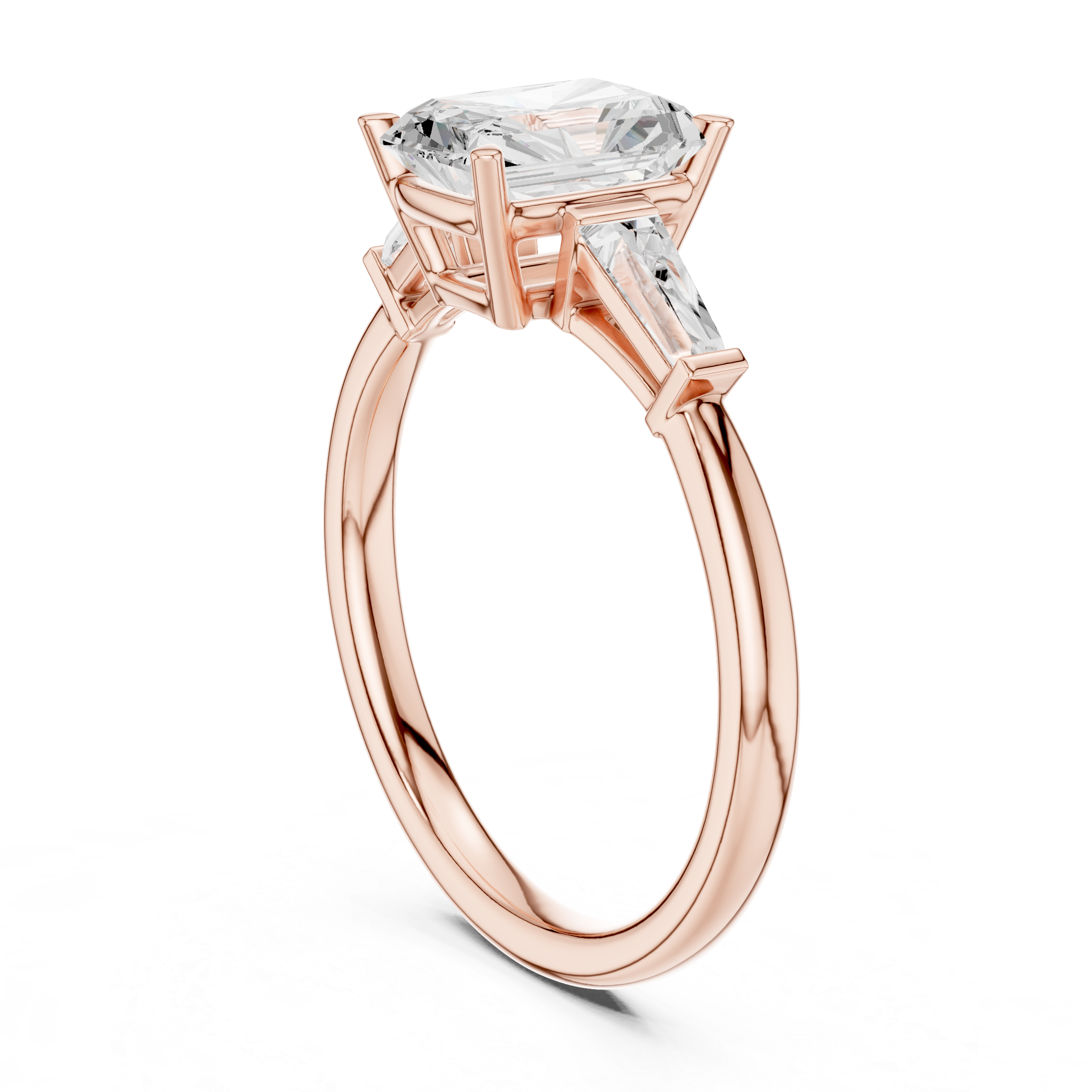 Radiant Cut Three Stone Engagement Ring with Tapered Baguette Side Diamonds