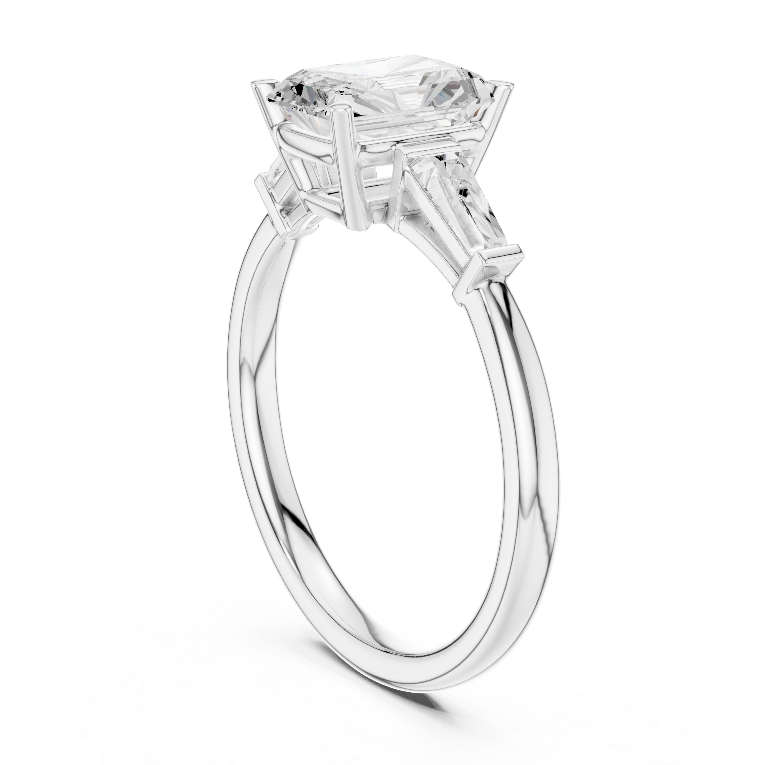 Radiant Cut Three Stone Engagement Ring with Tapered Baguette Side Diamonds