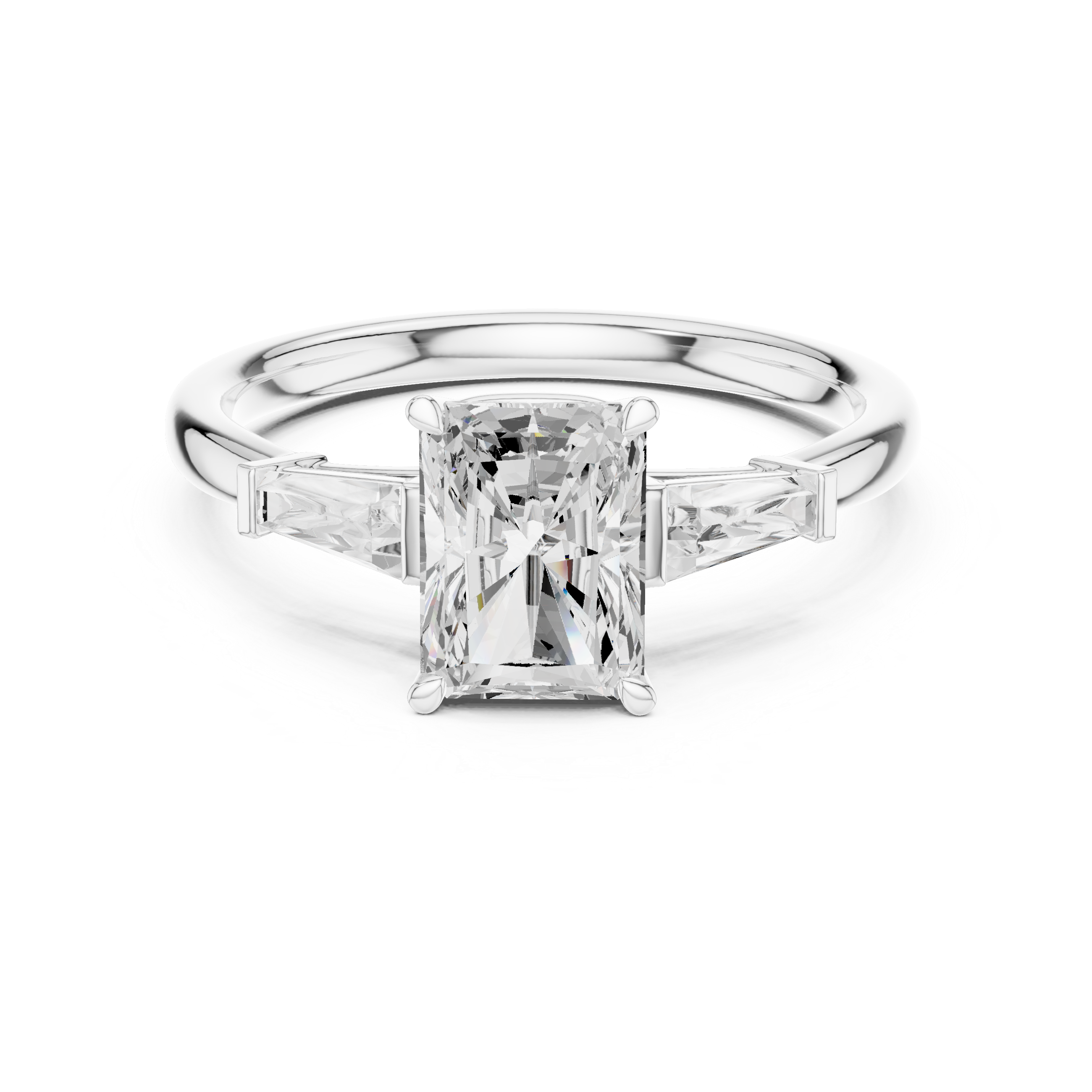 Radiant Cut Three Stone Engagement Ring with Tapered Baguette Side Diamonds