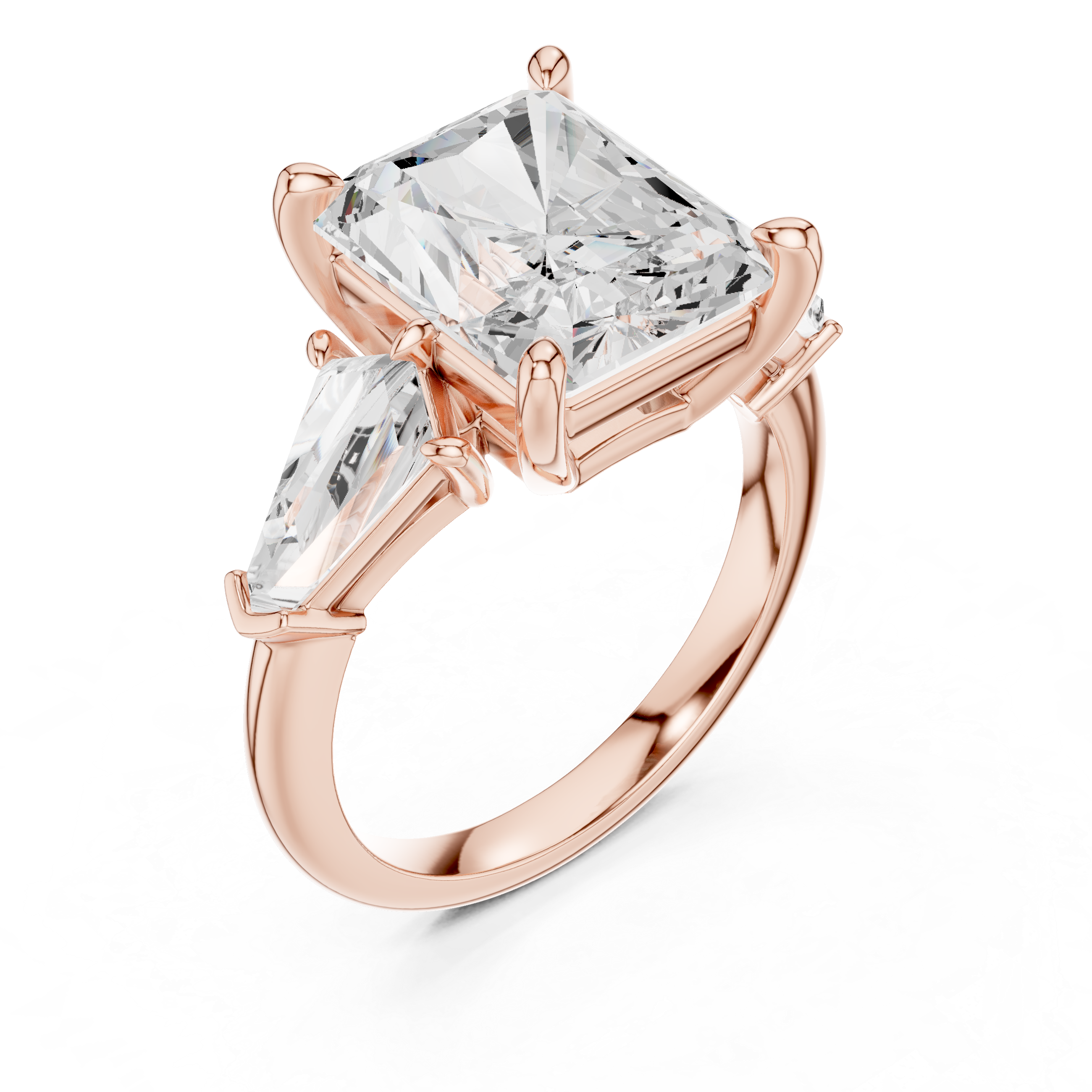 Radiant-Cut Three-Stone Ring with Shield-Cut Side Stones