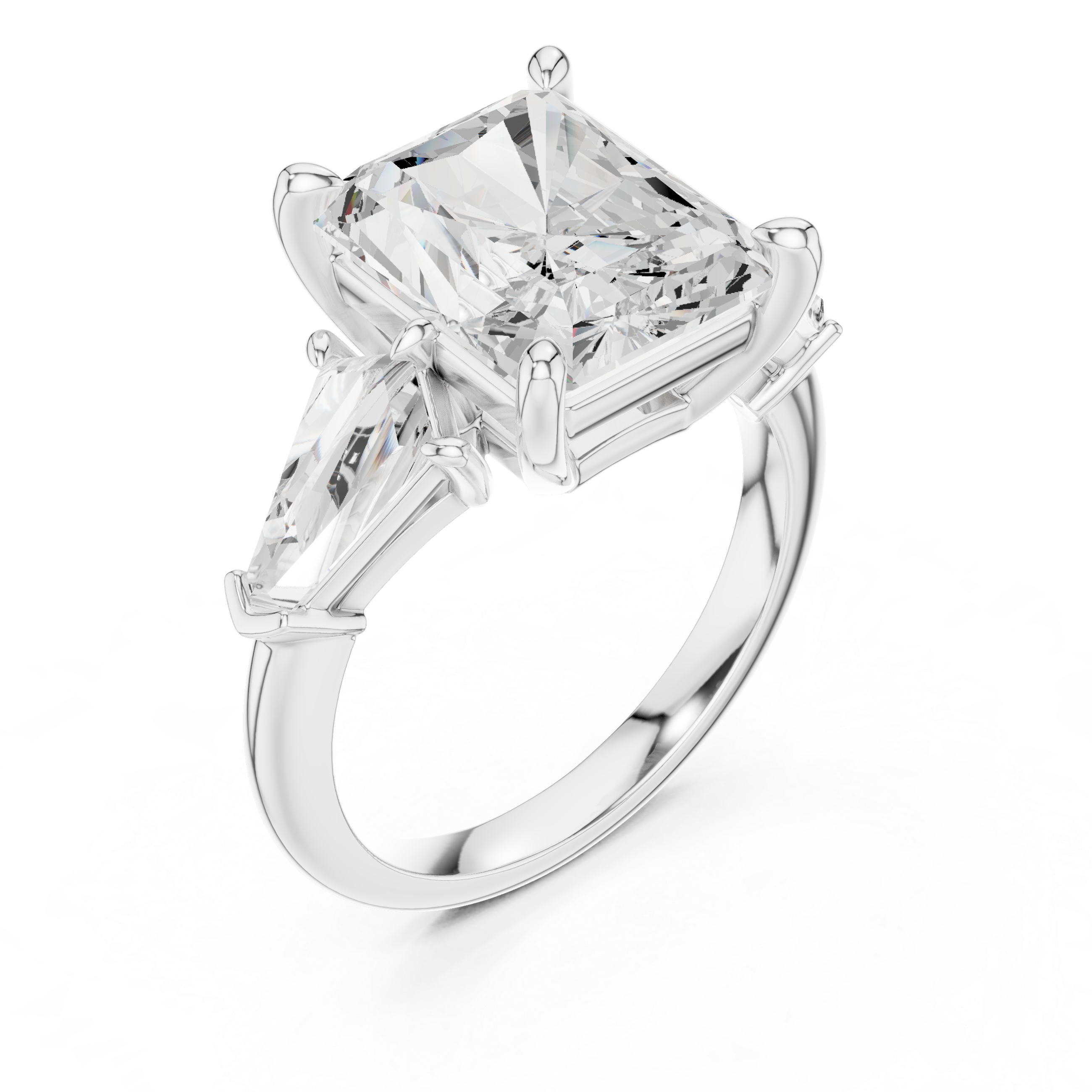 Radiant-Cut Three-Stone Ring with Shield-Cut Side Stones
