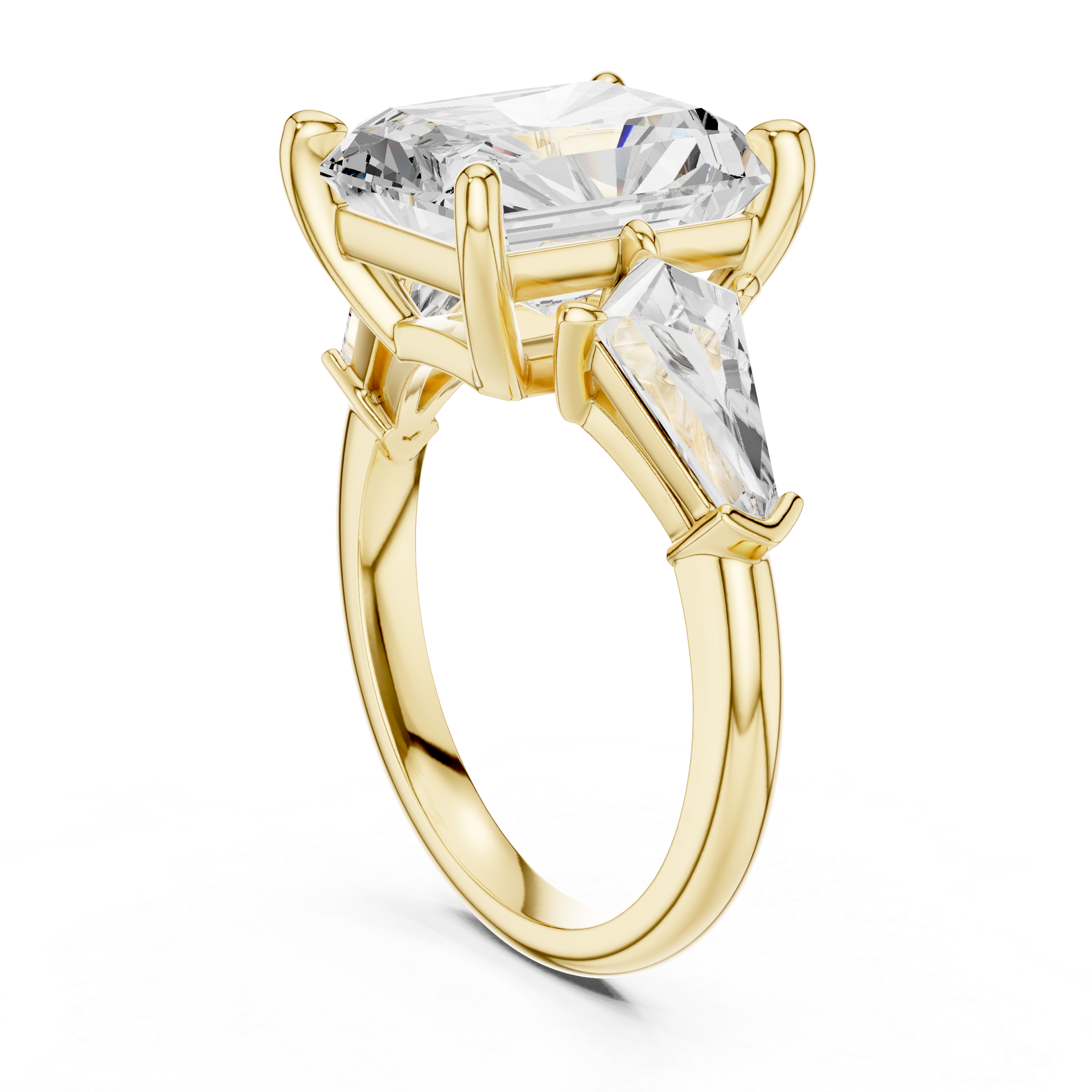 Radiant-Cut Three-Stone Ring with Shield-Cut Side Stones