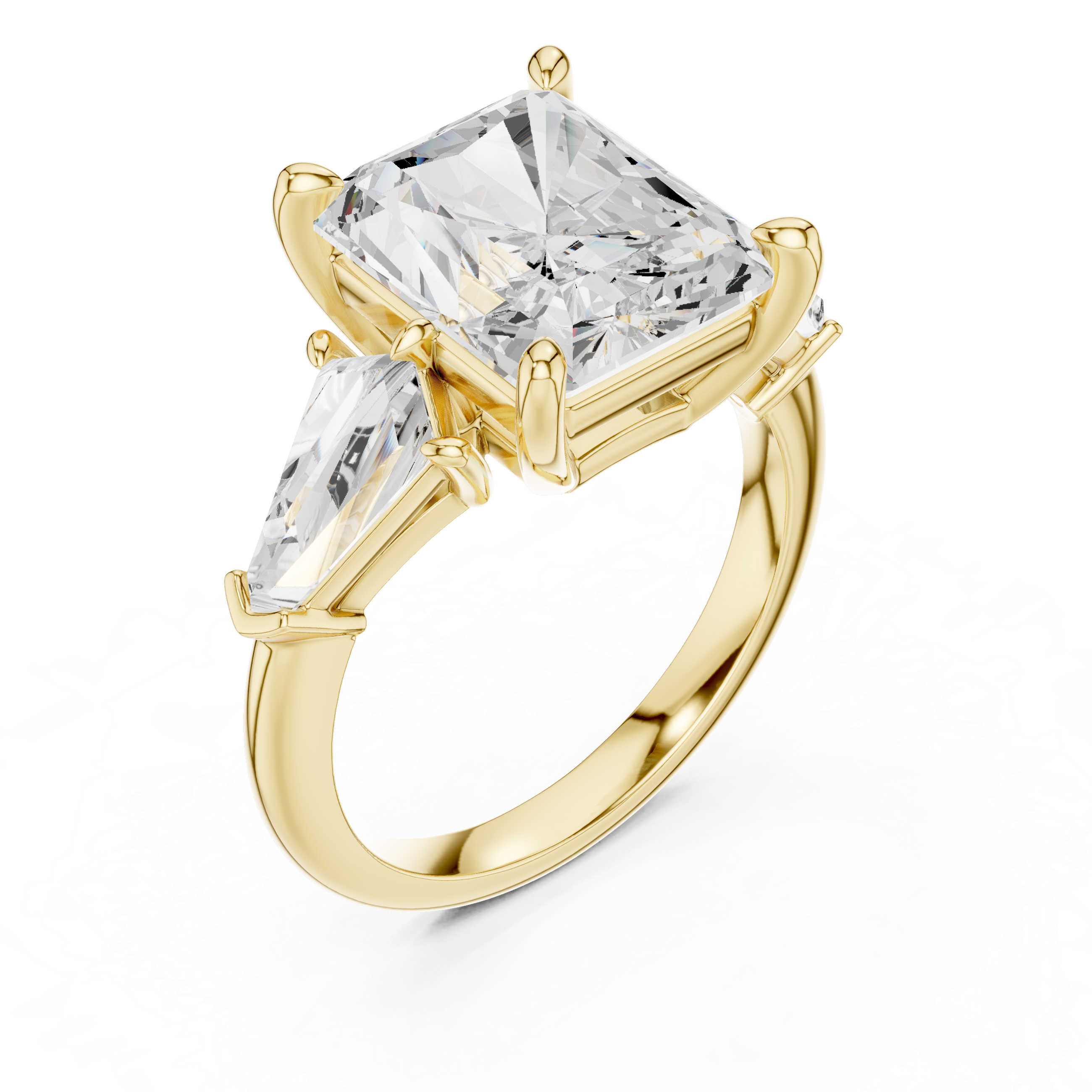 Radiant-Cut Three-Stone Ring with Shield-Cut Side Stones