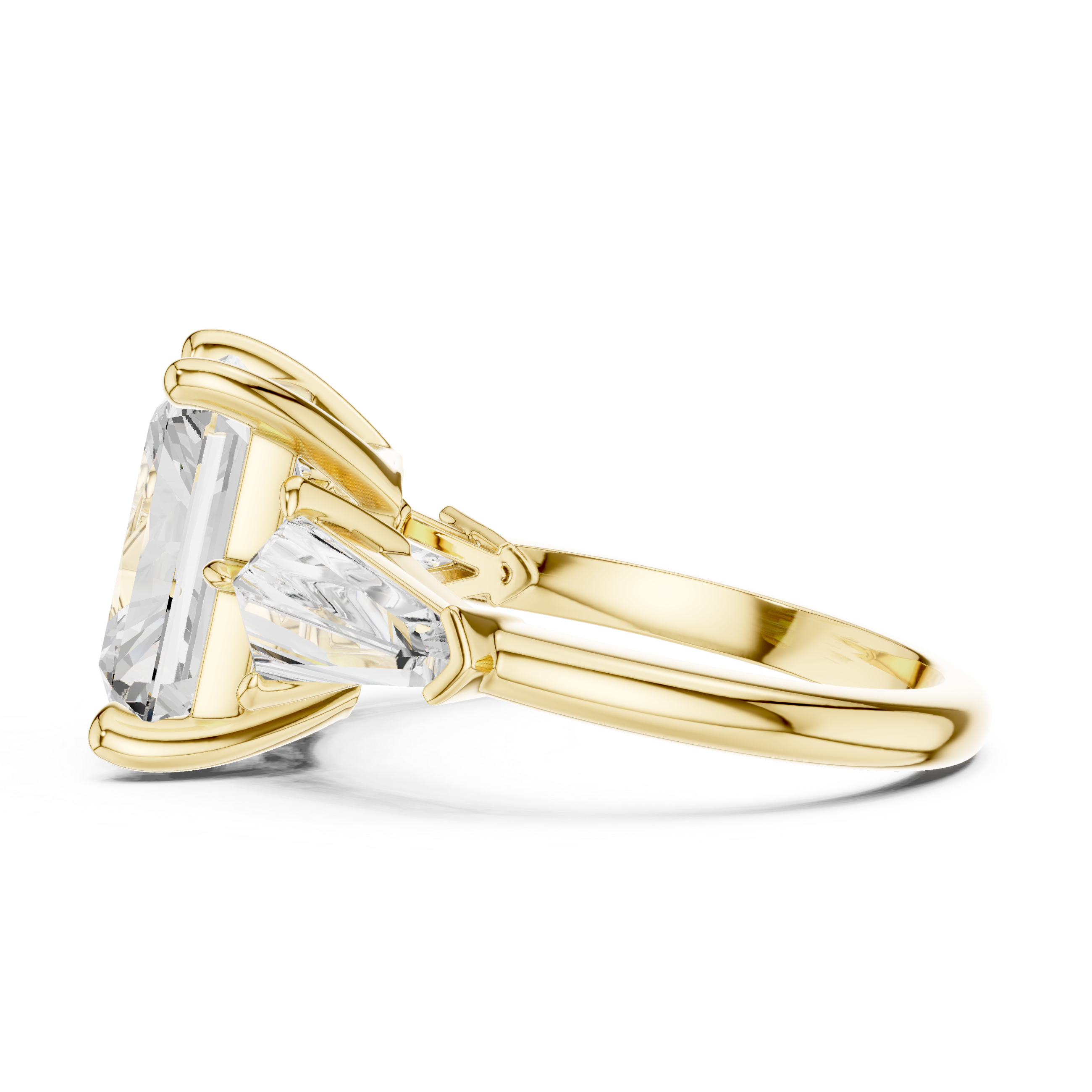 Radiant-Cut Three-Stone Ring with Shield-Cut Side Stones