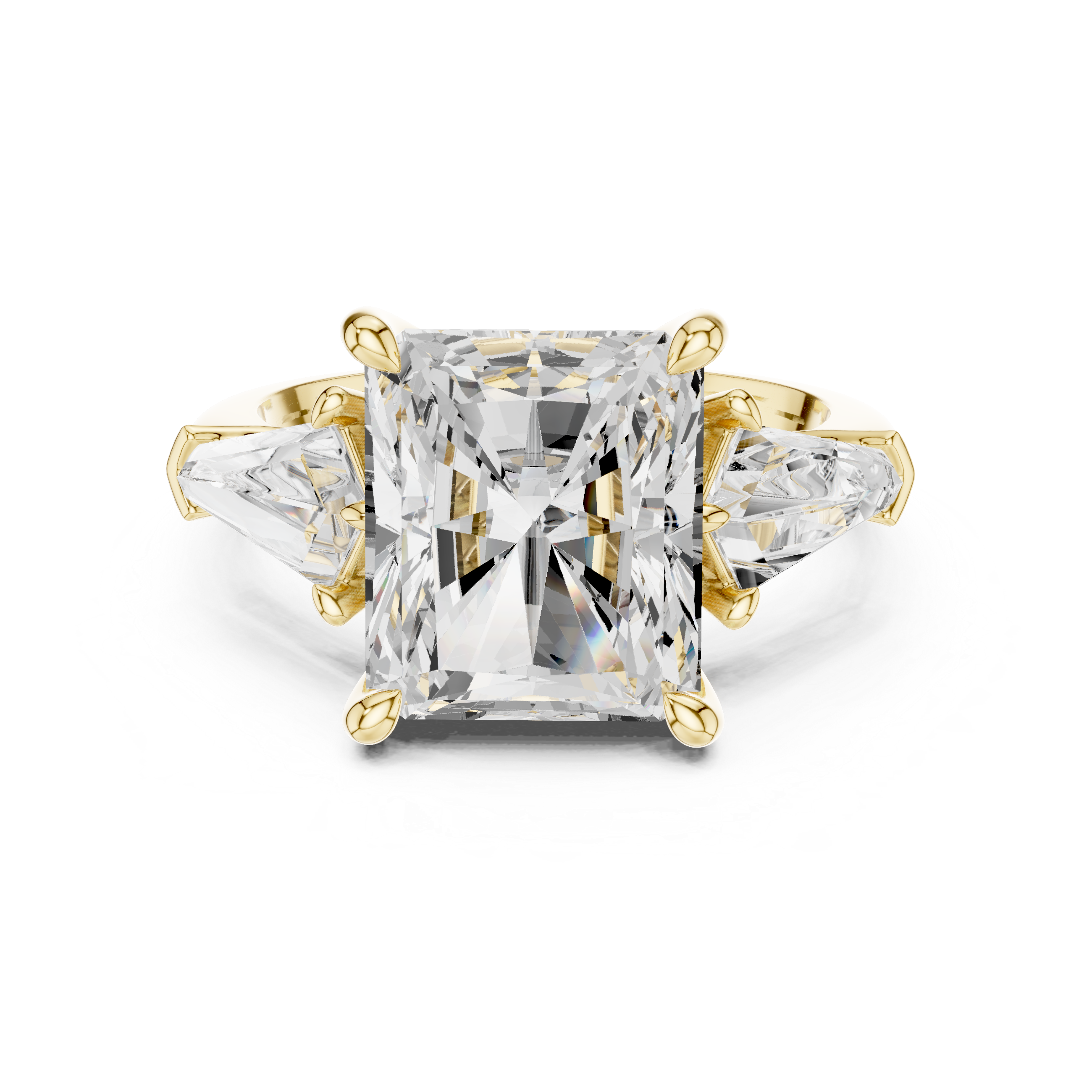 Radiant-Cut Three-Stone Ring with Shield-Cut Side Stones