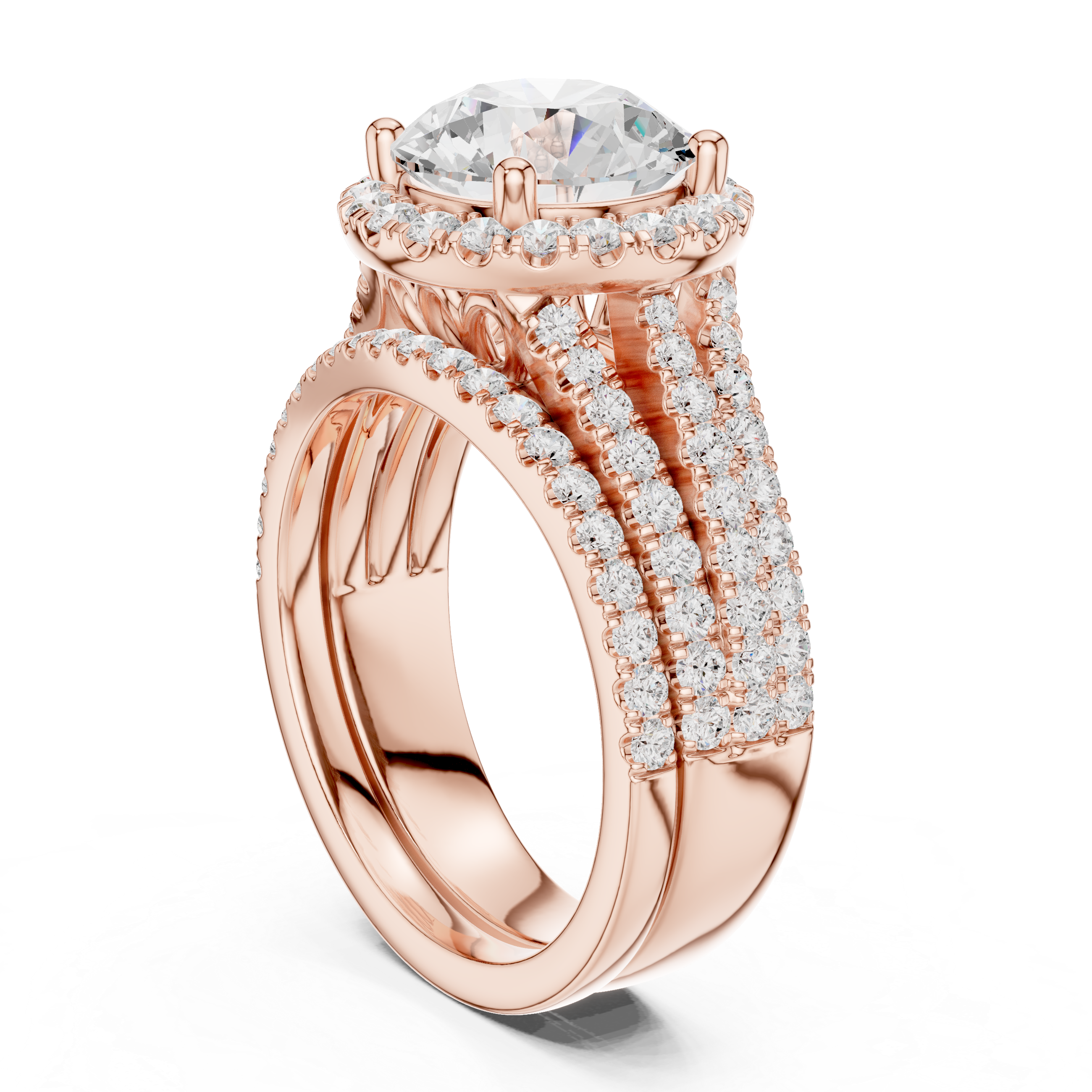 Round-Cut Halo Split-Shank Statement Ring