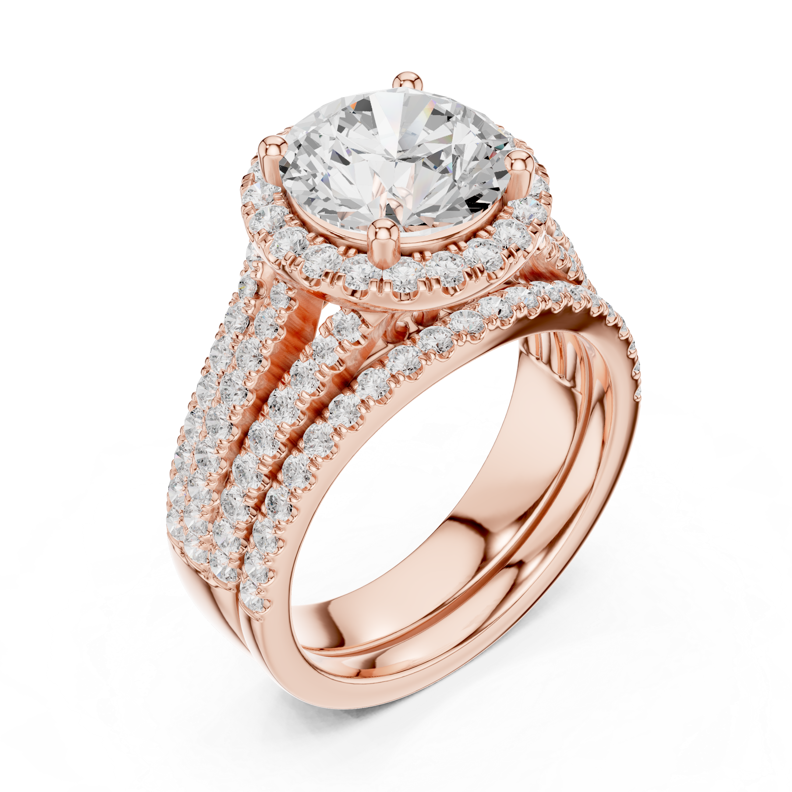 Round-Cut Halo Split-Shank Statement Ring