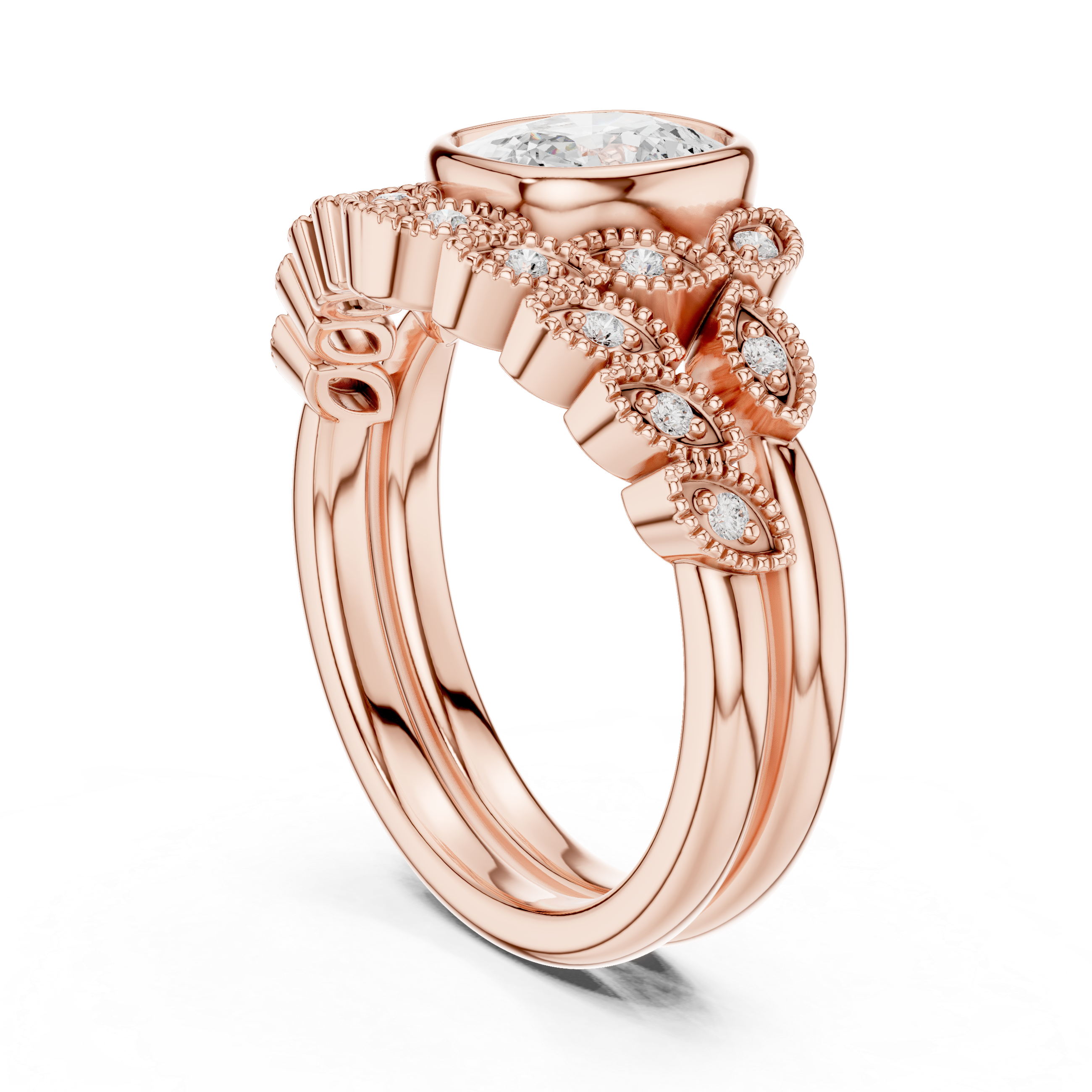 Cushion-Cut Bezel-Set Vintage Leaf Bridal Ring Set