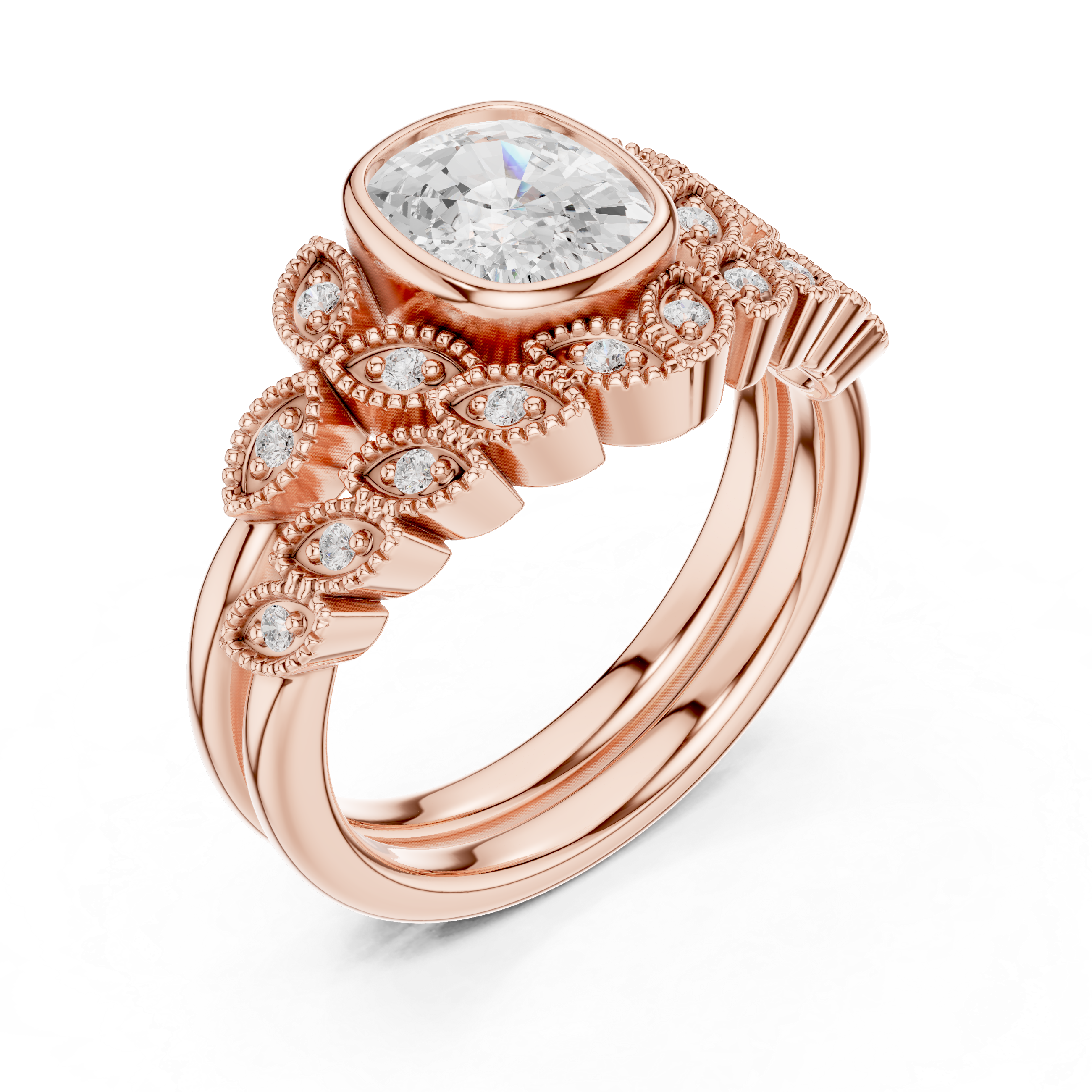 Cushion-Cut Bezel-Set Vintage Leaf Bridal Ring Set
