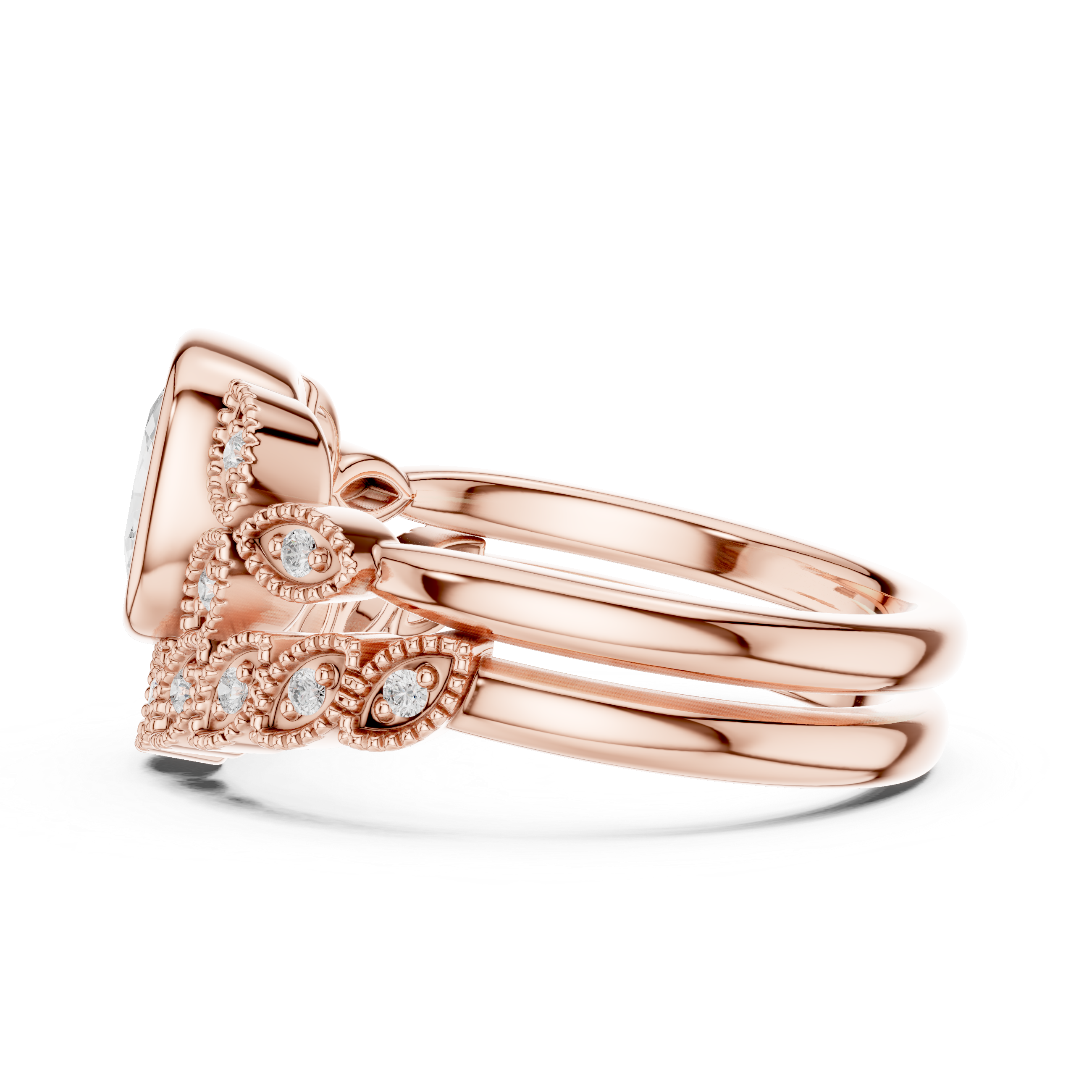 Cushion-Cut Bezel-Set Vintage Leaf Bridal Ring Set