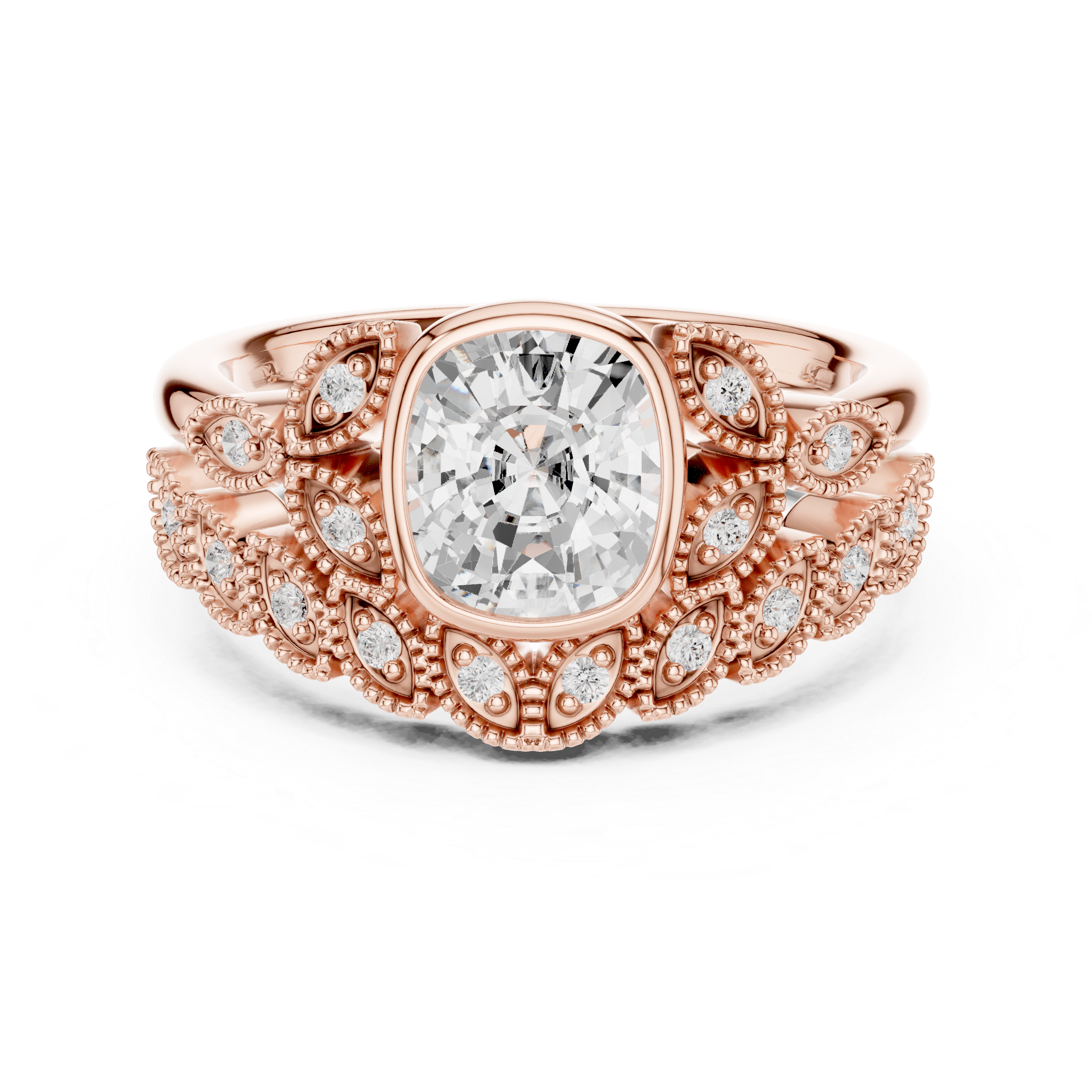 Cushion-Cut Bezel-Set Vintage Leaf Bridal Ring Set