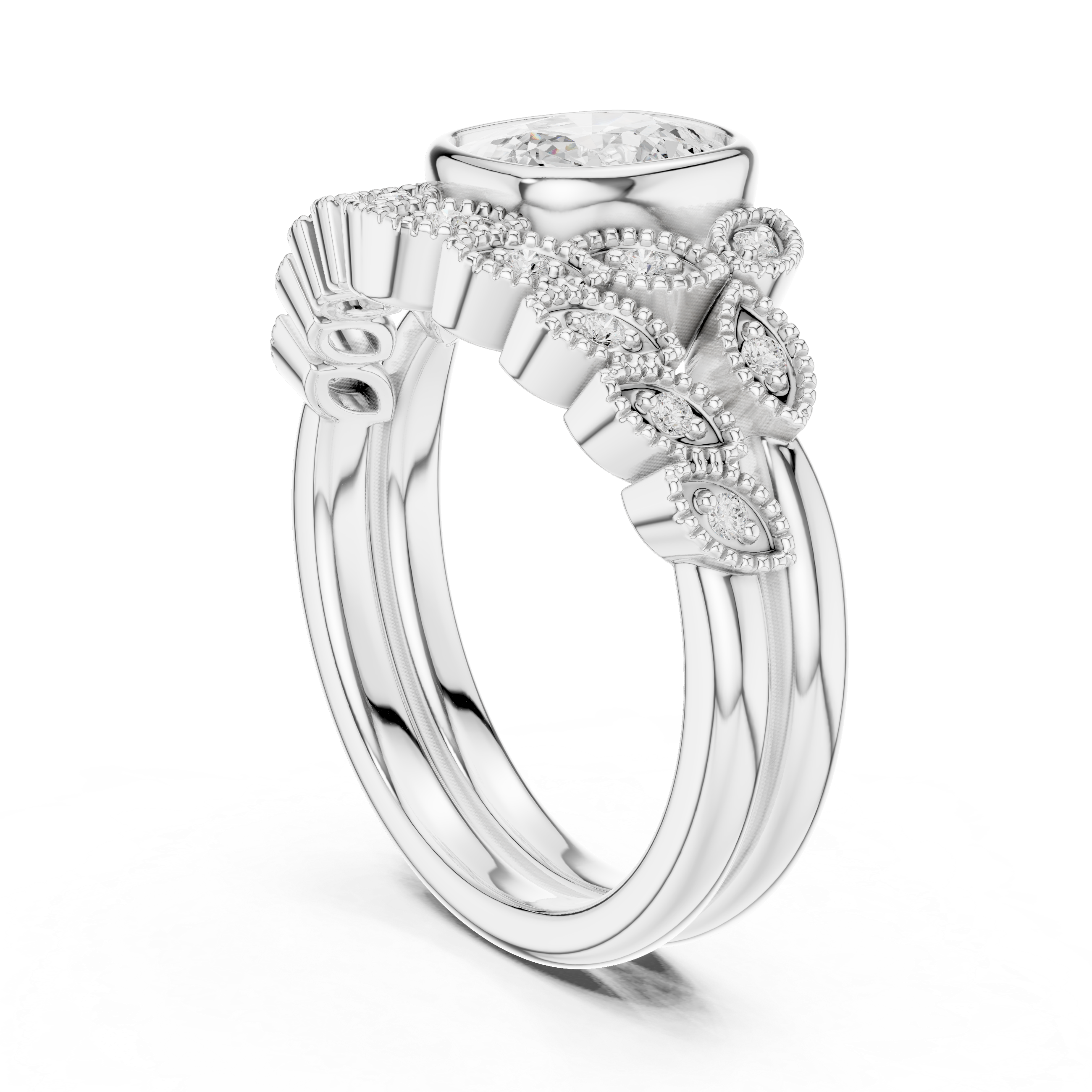 Cushion-Cut Bezel-Set Vintage Leaf Bridal Ring Set