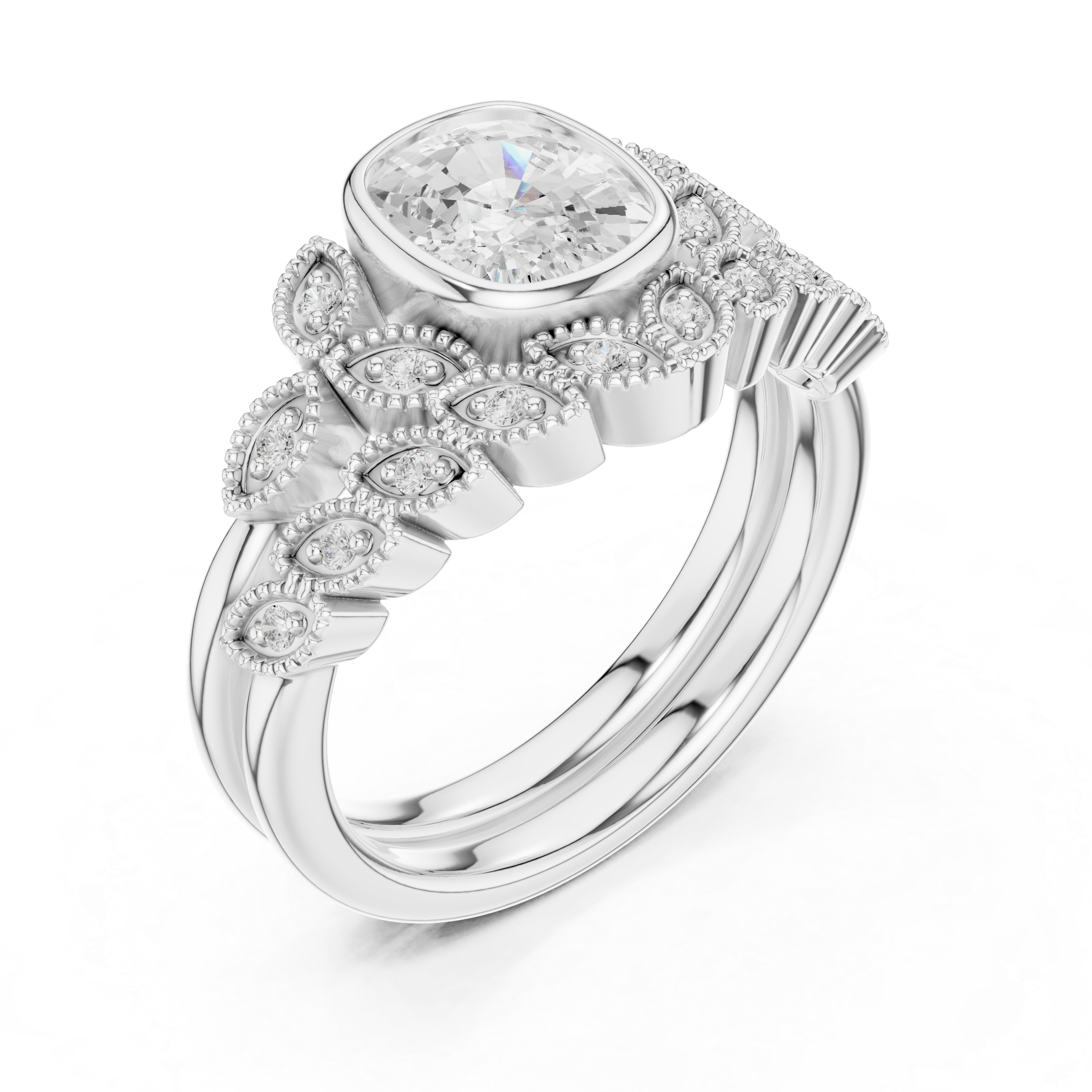 Cushion-Cut Bezel-Set Vintage Leaf Bridal Ring Set