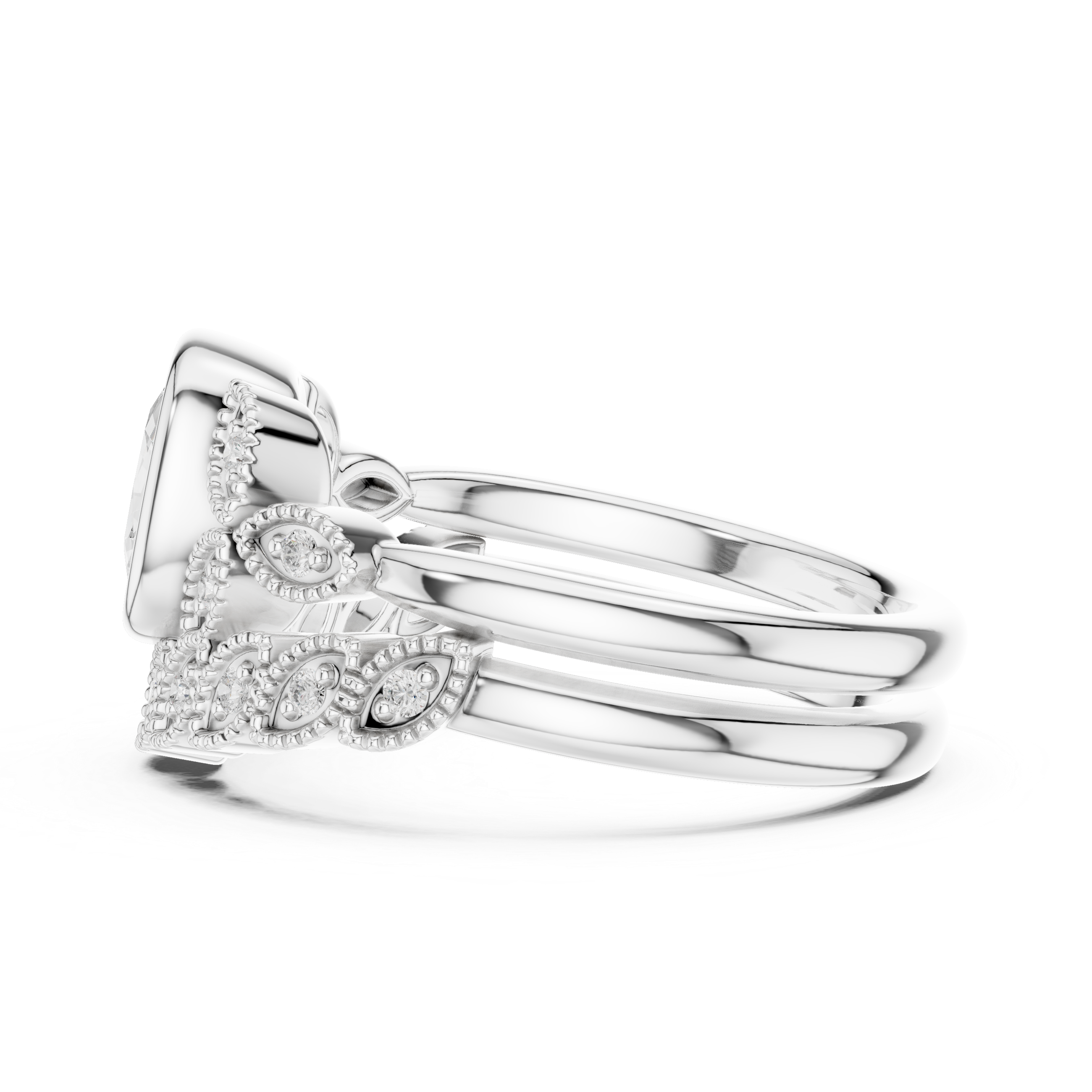 Cushion-Cut Bezel-Set Vintage Leaf Bridal Ring Set
