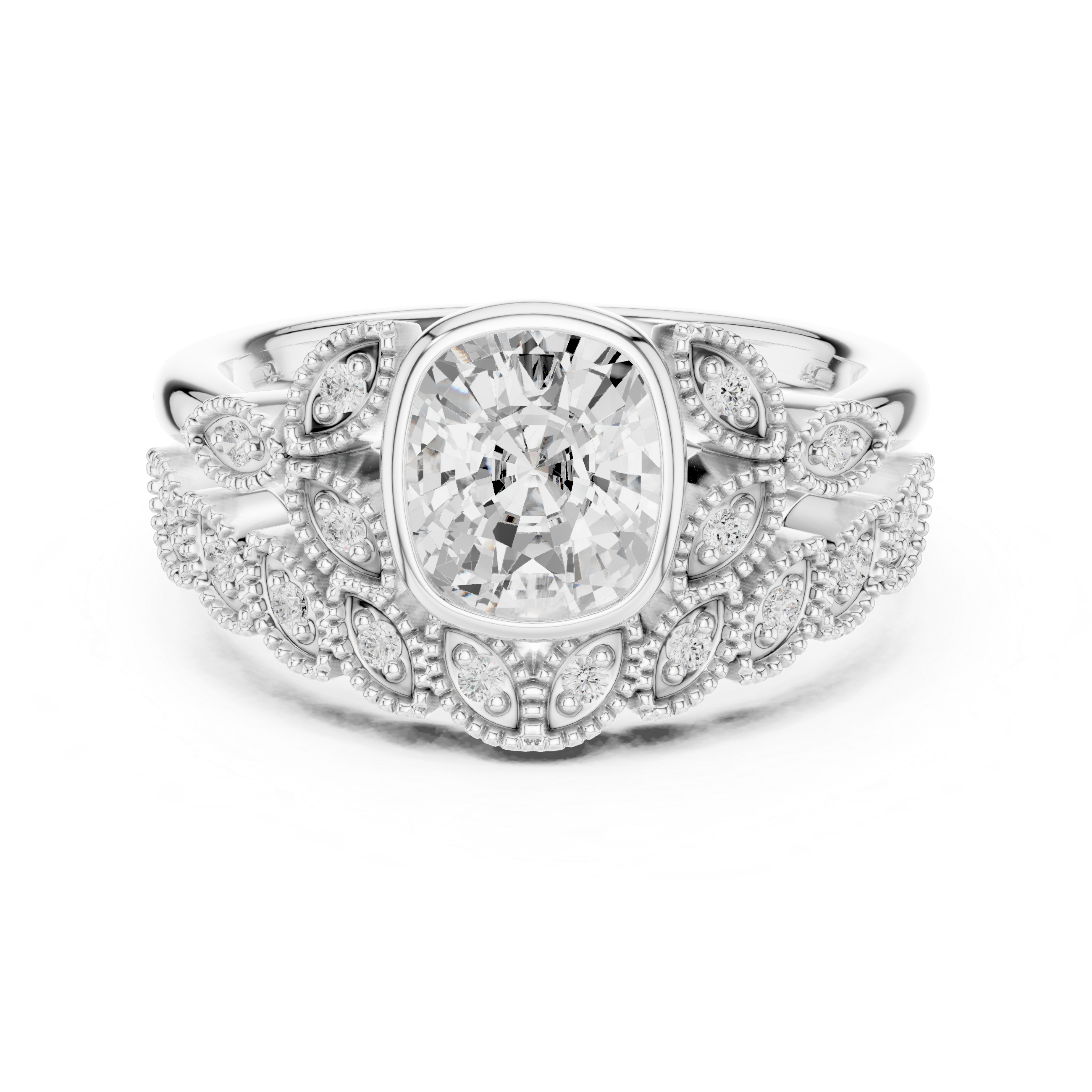 Cushion-Cut Bezel-Set Vintage Leaf Bridal Ring Set