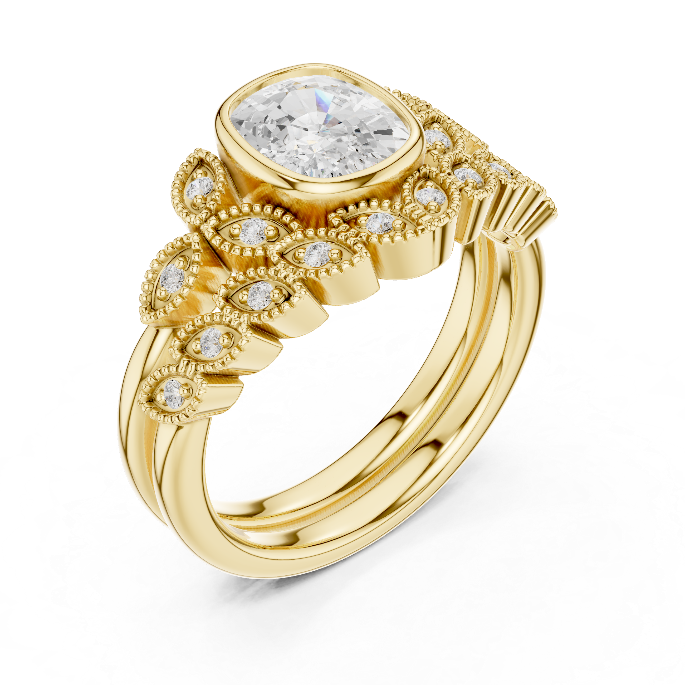 Cushion-Cut Bezel-Set Vintage Leaf Bridal Ring Set