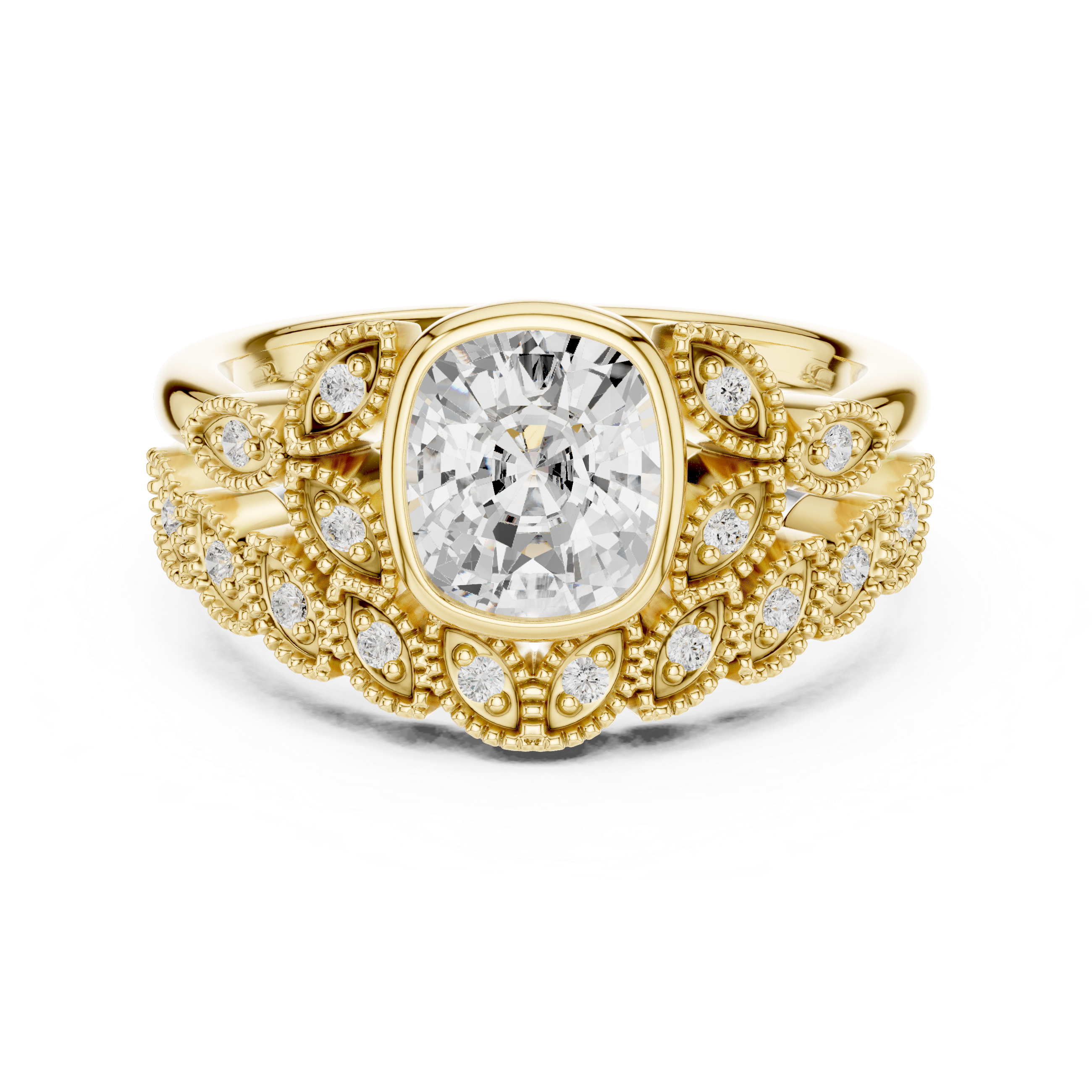 Cushion-Cut Bezel-Set Vintage Leaf Bridal Ring Set