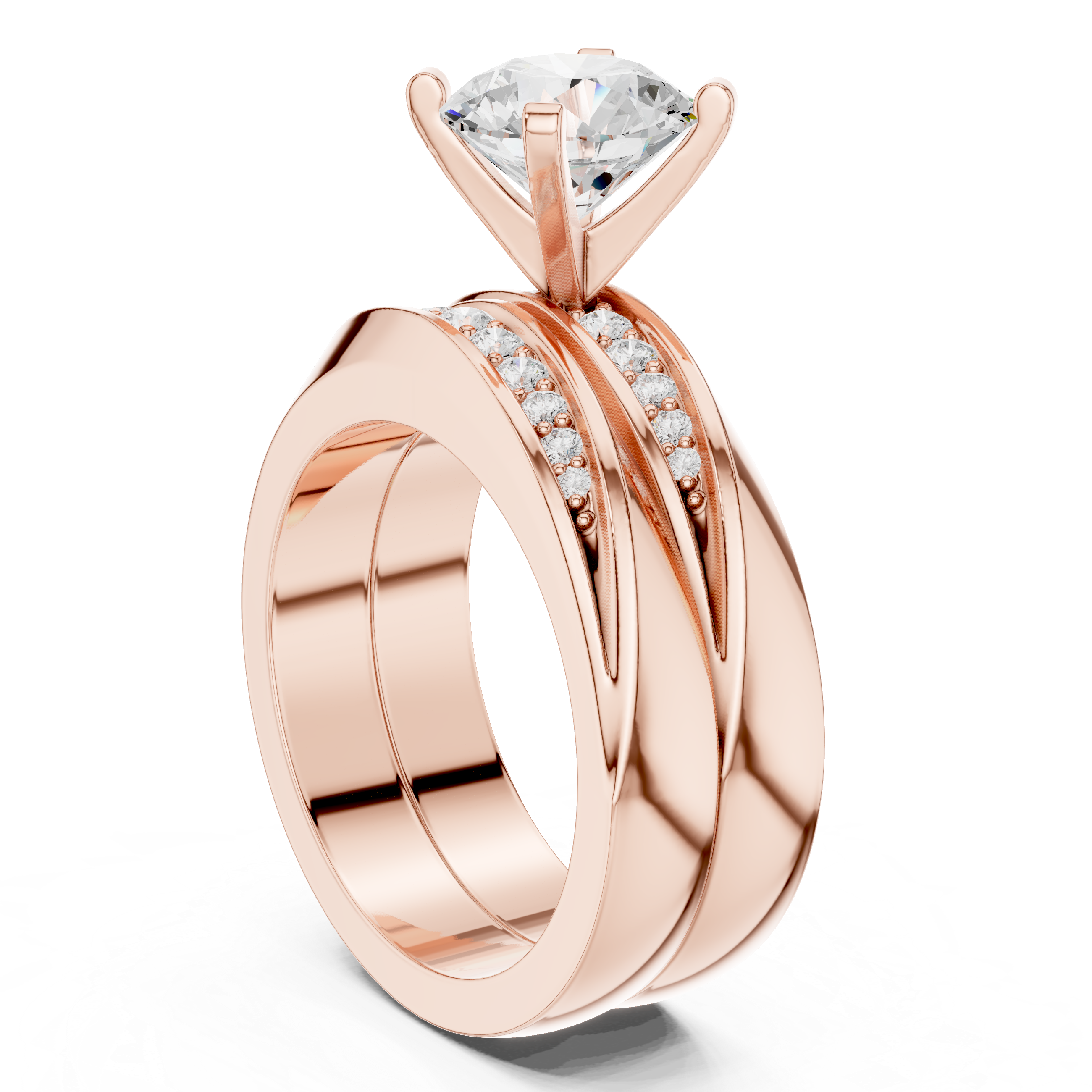 Round-Cut Two-Piece Curved Channel Accent Bridal Ring Set