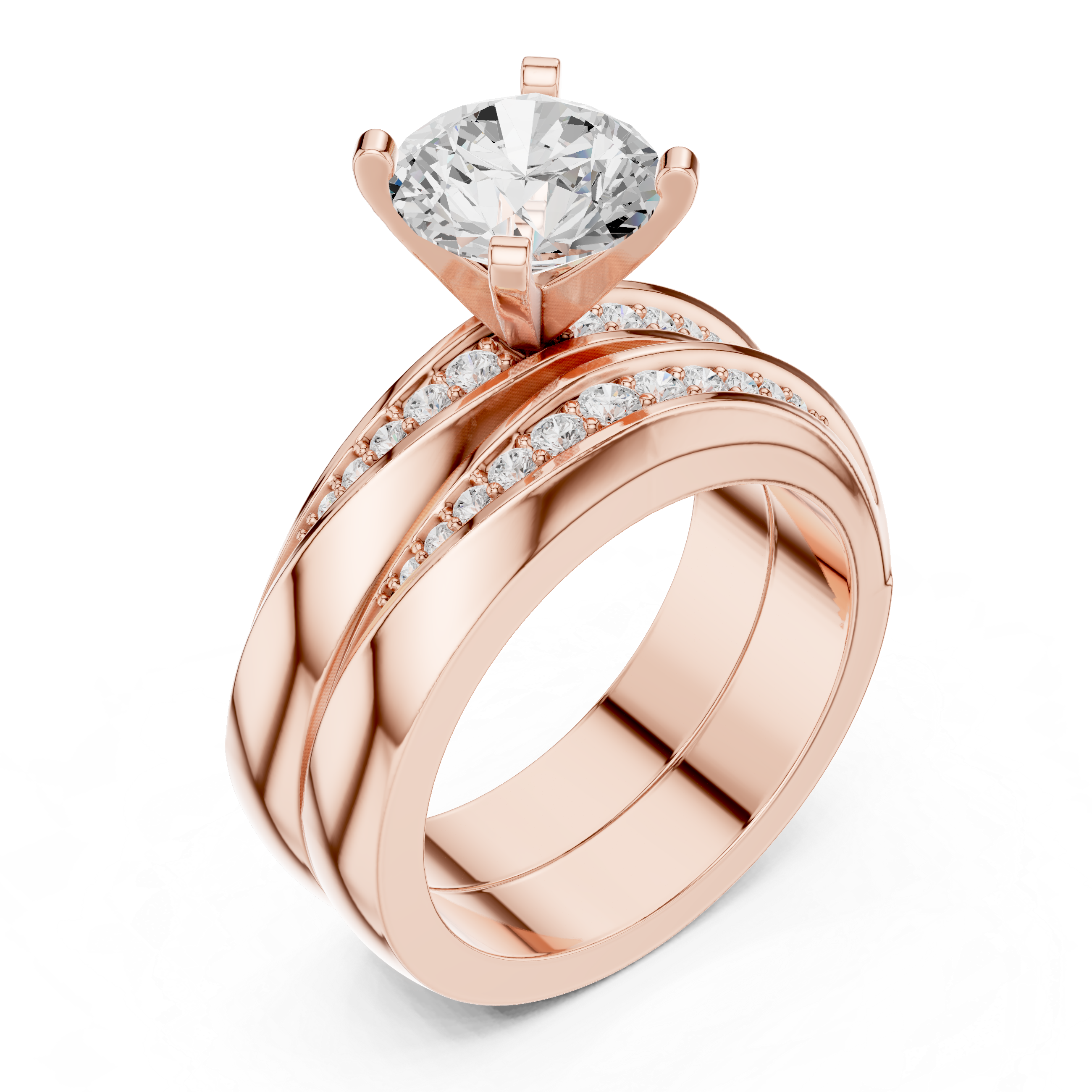 Round-Cut Two-Piece Curved Channel Accent Bridal Ring Set